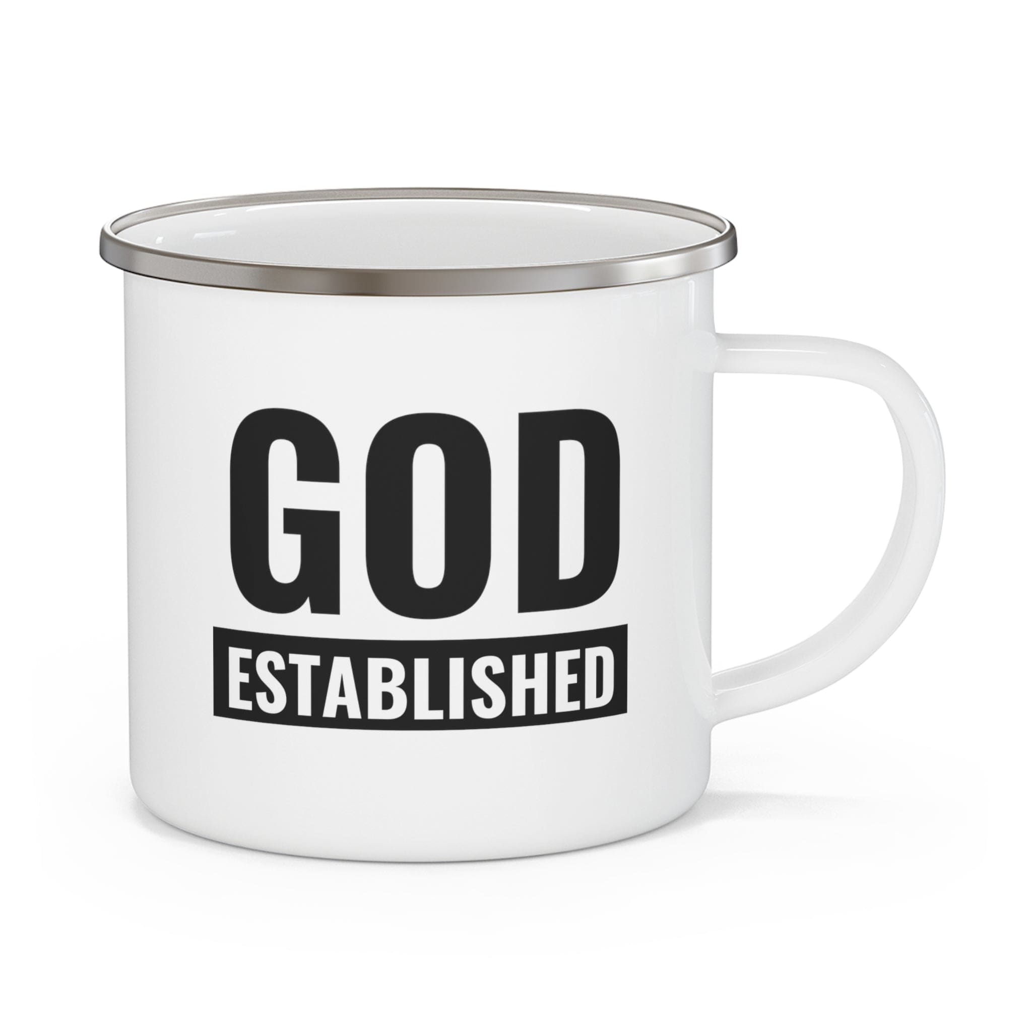 Durable enamel camping mug with God Established black illustration, perfect for outdoor activities.