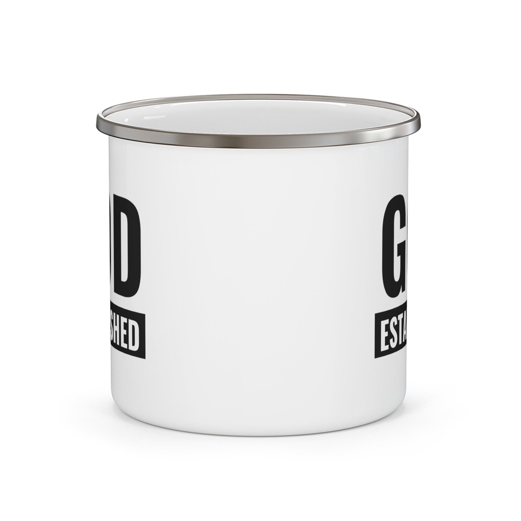 Durable enamel camping mug with God Established black illustration, perfect for outdoor activities.