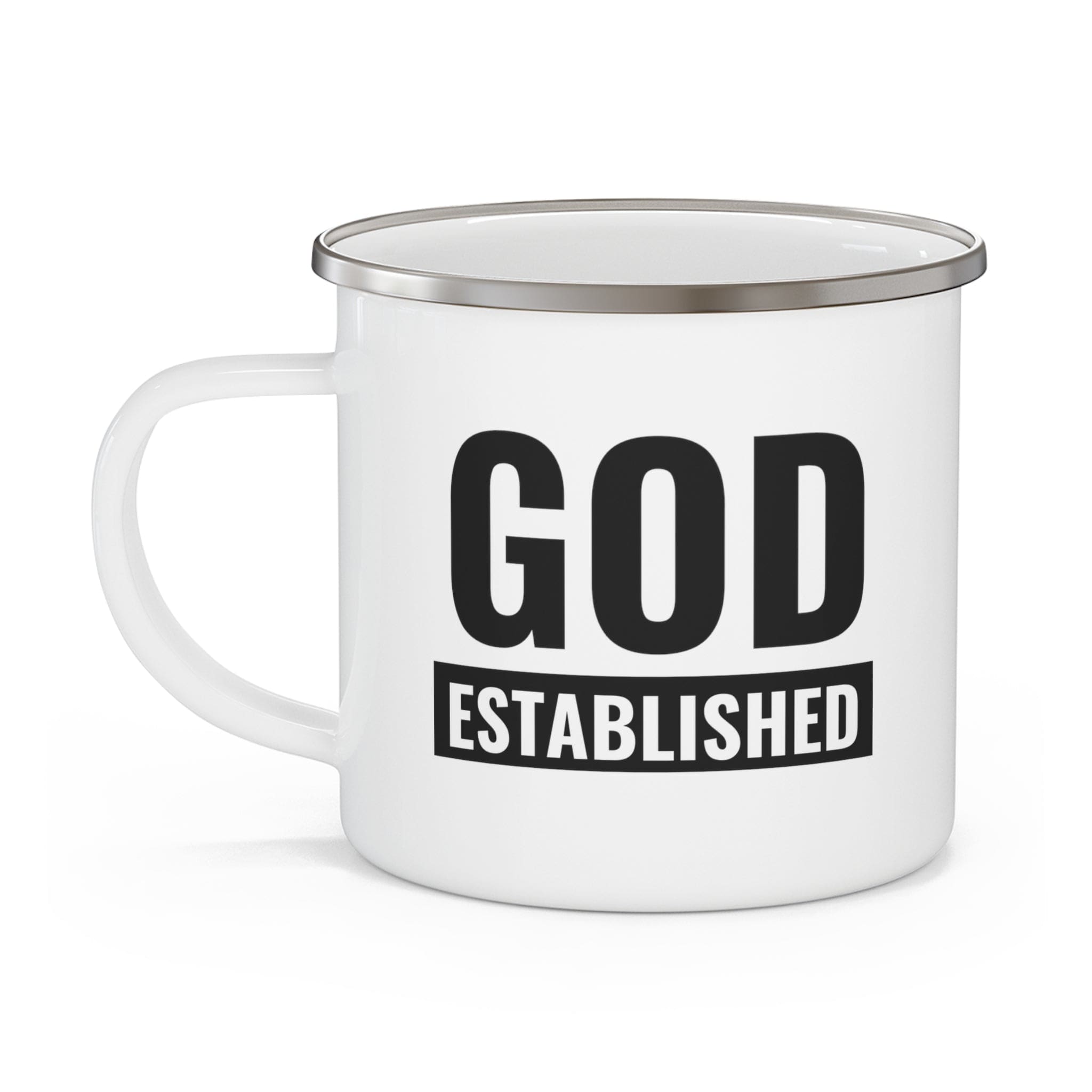 Durable enamel camping mug with God Established black illustration, perfect for outdoor activities.