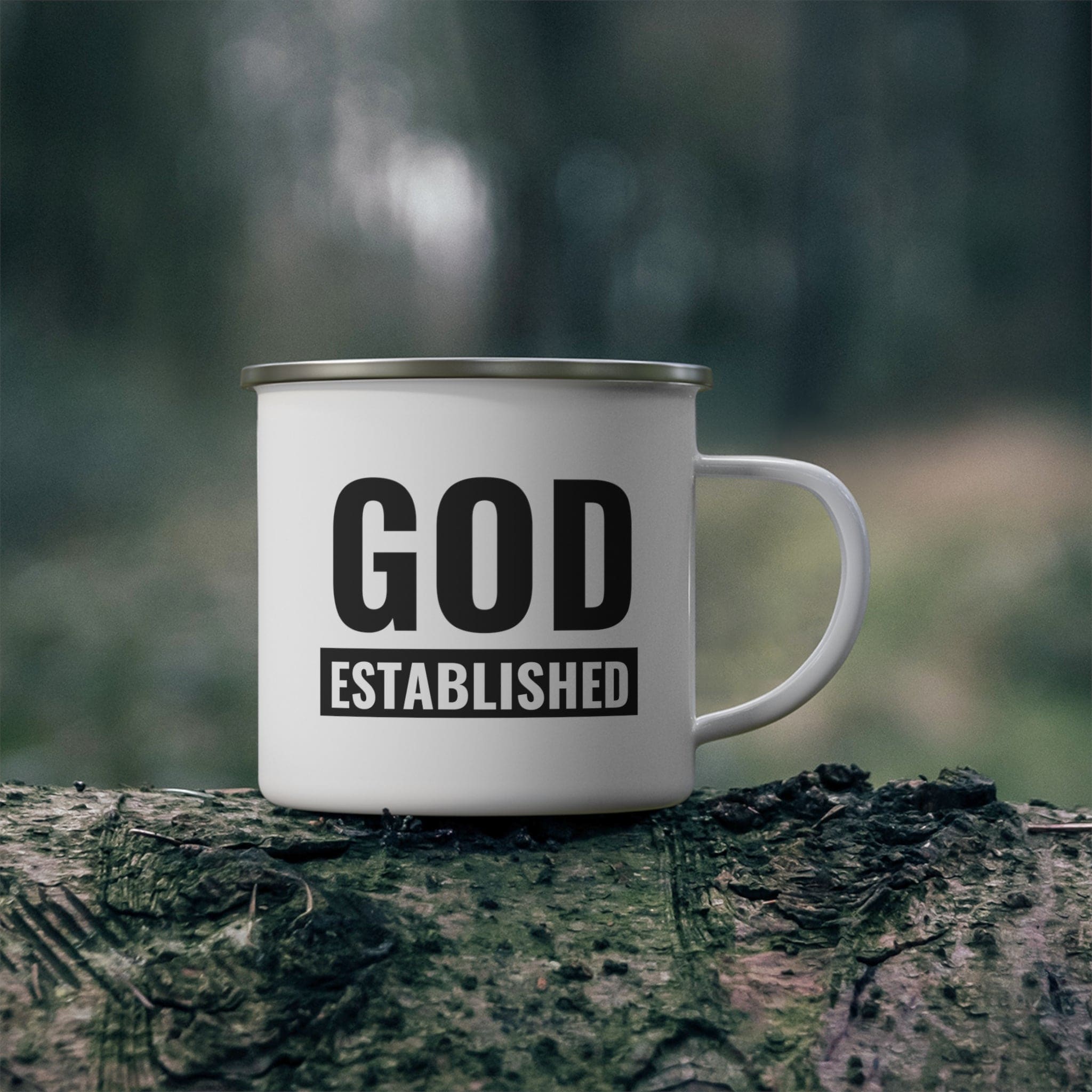 Durable enamel camping mug with God Established black illustration, perfect for outdoor activities.