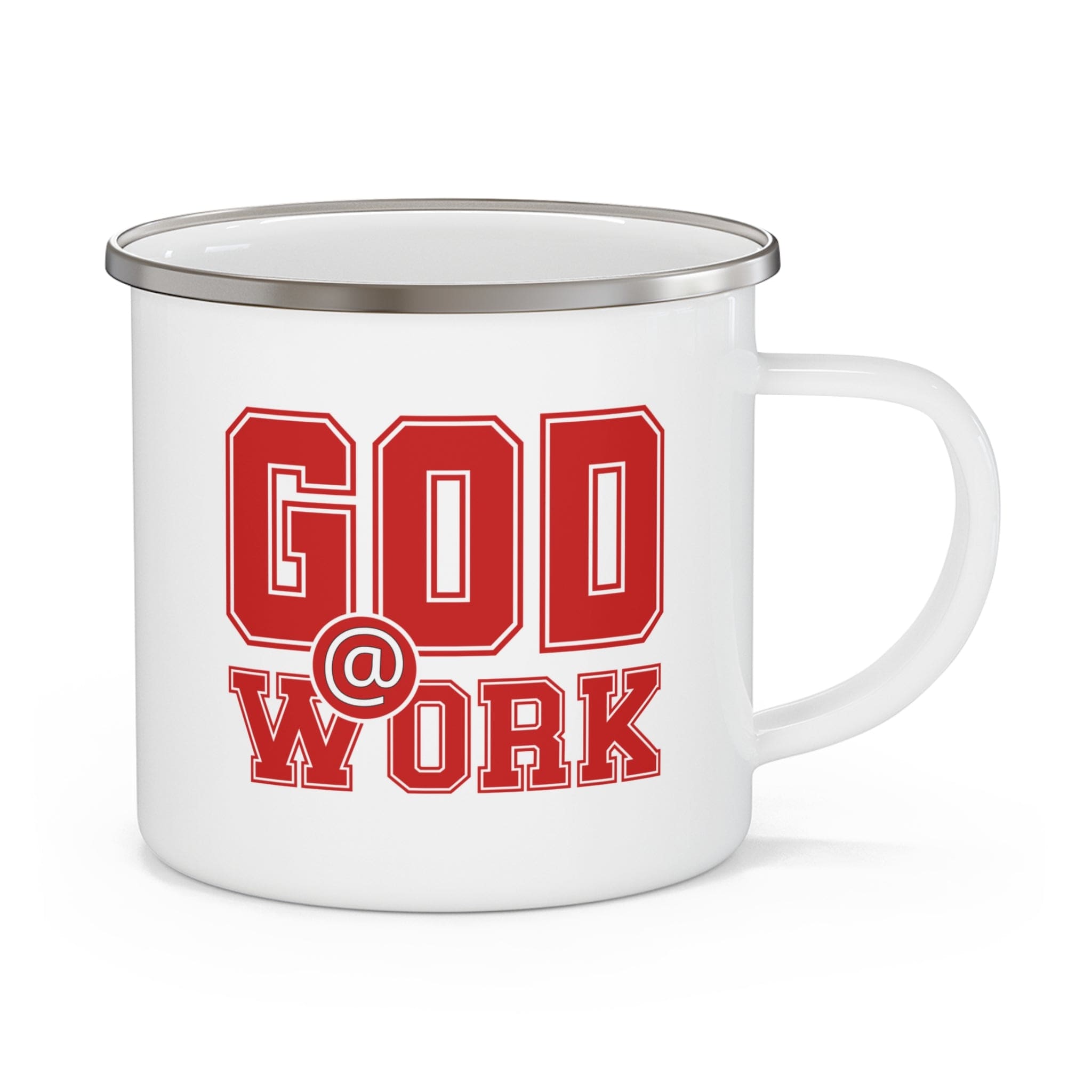Durable enamel camping mug with 'God @ Work' red and white print, perfect for outdoor activities.