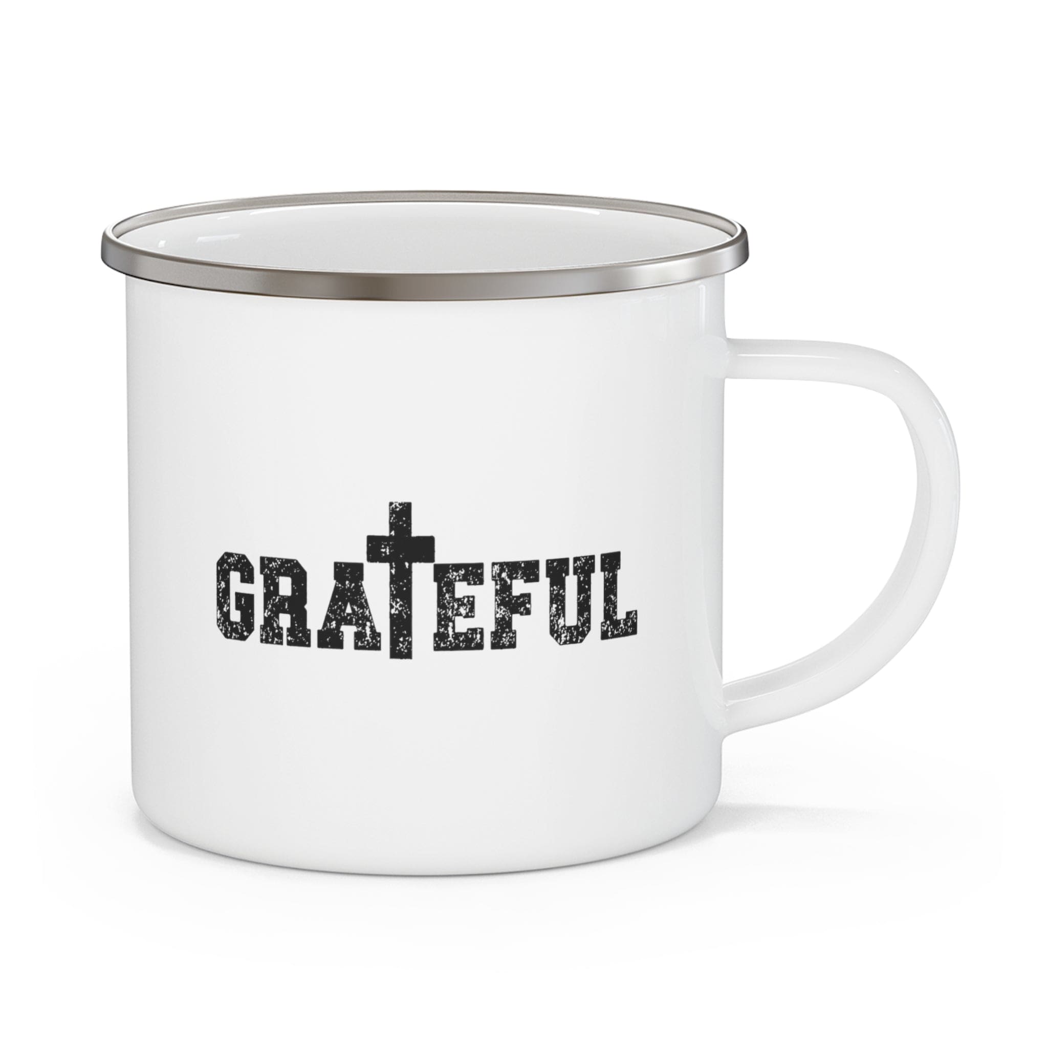 Durable enamel camping mug featuring a Grateful Cross black illustration, perfect for outdoor adventures and stylish drinkware.