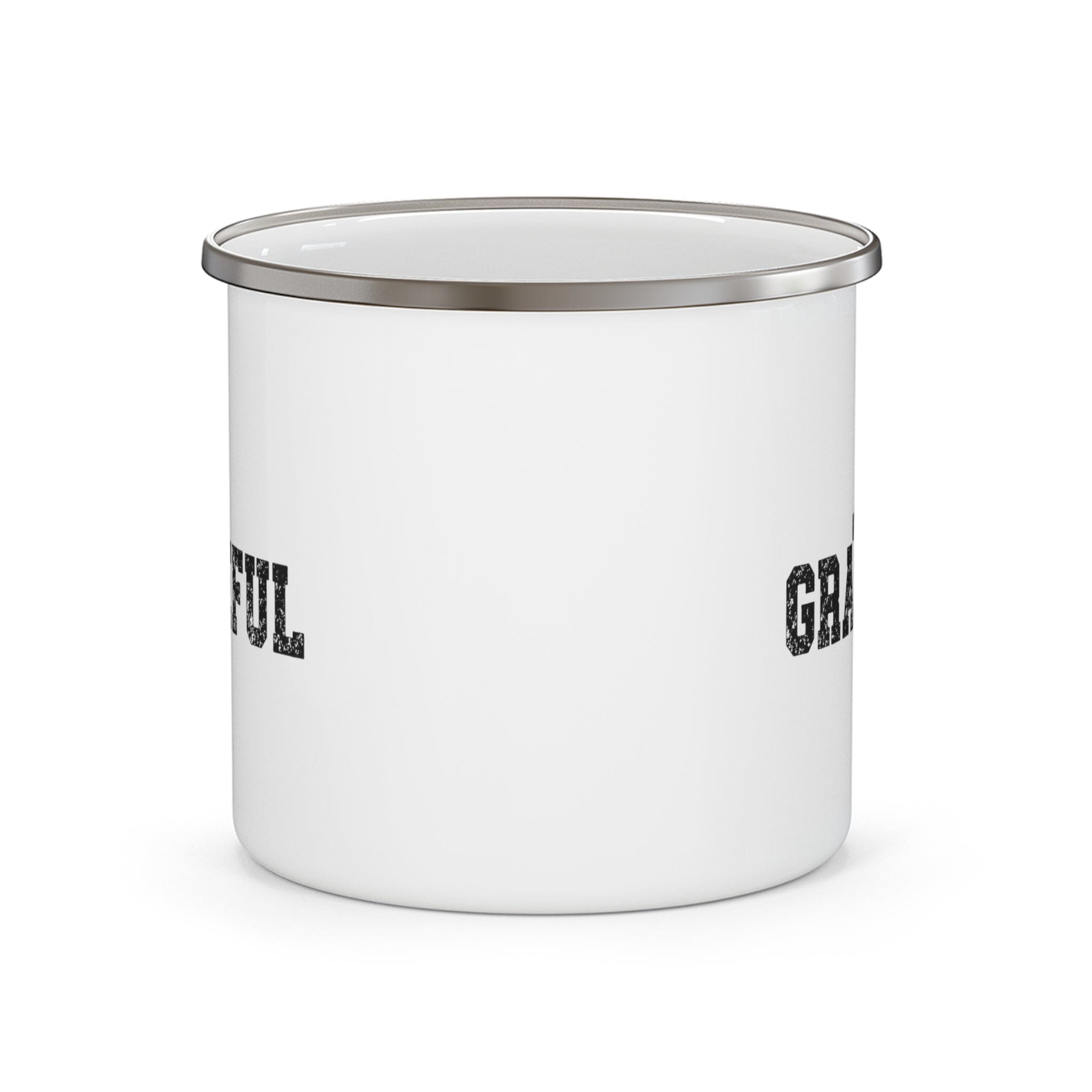 Durable enamel camping mug featuring a Grateful Cross black illustration, perfect for outdoor adventures and stylish drinkware.