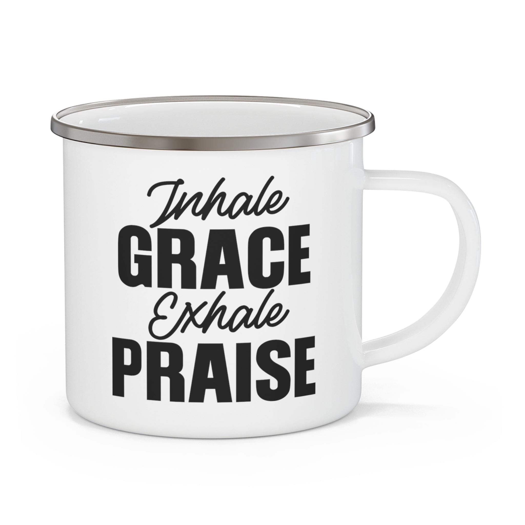 Durable enamel camping mug featuring a black illustration with the phrase 'Inhale Grace Exhale Praise', perfect for outdoor and indoor use.