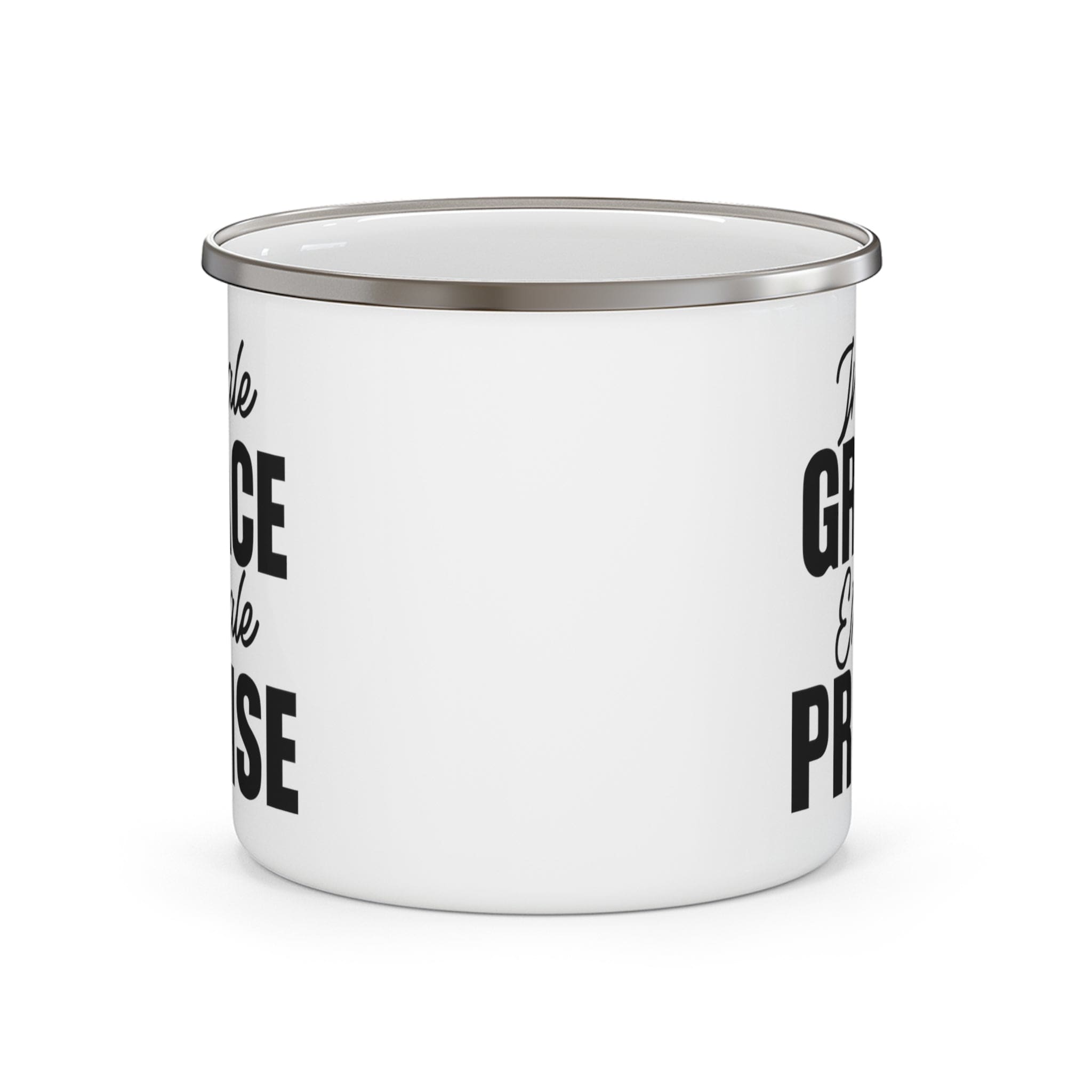 Durable enamel camping mug featuring a black illustration with the phrase 'Inhale Grace Exhale Praise', perfect for outdoor and indoor use.