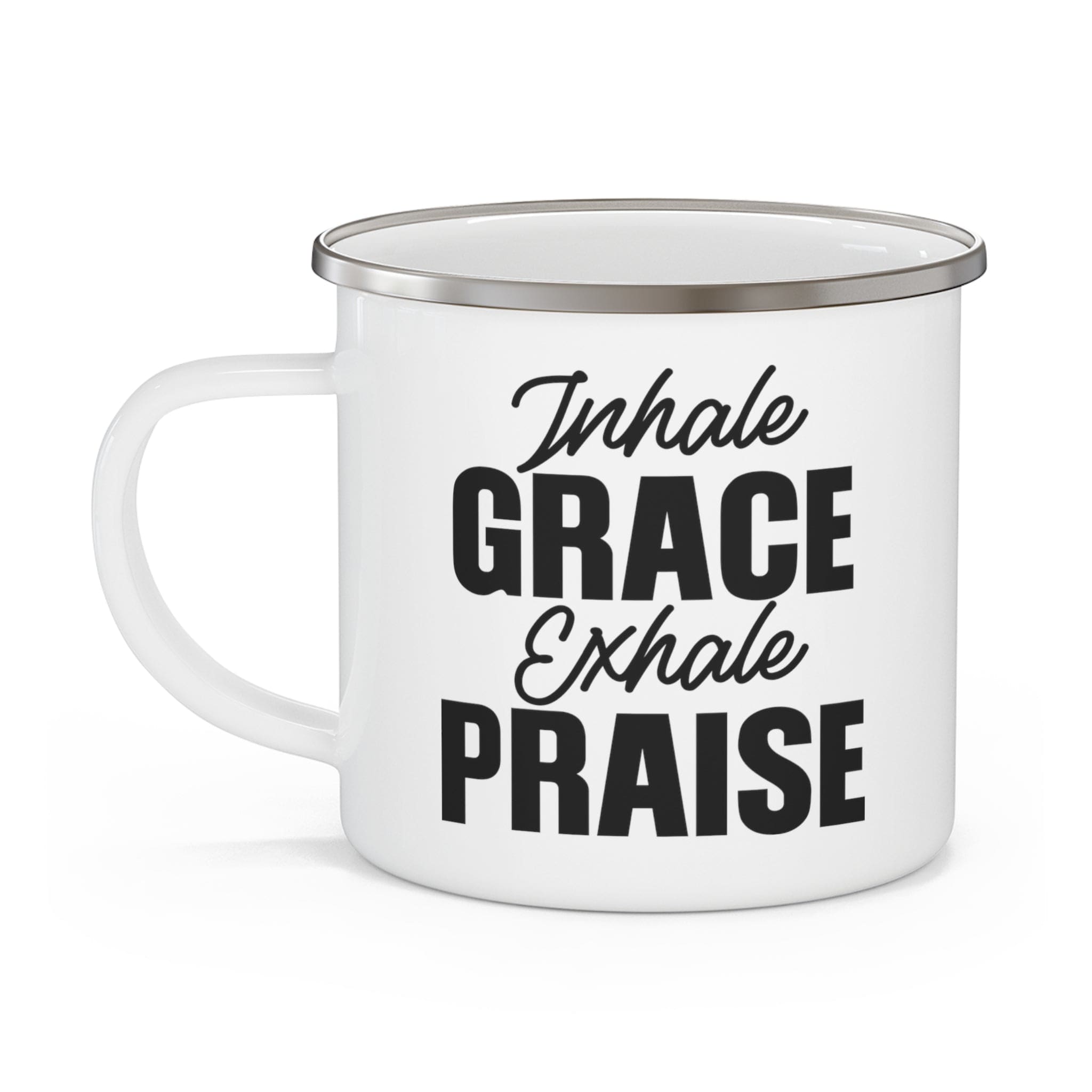 Durable enamel camping mug featuring a black illustration with the phrase 'Inhale Grace Exhale Praise', perfect for outdoor and indoor use.