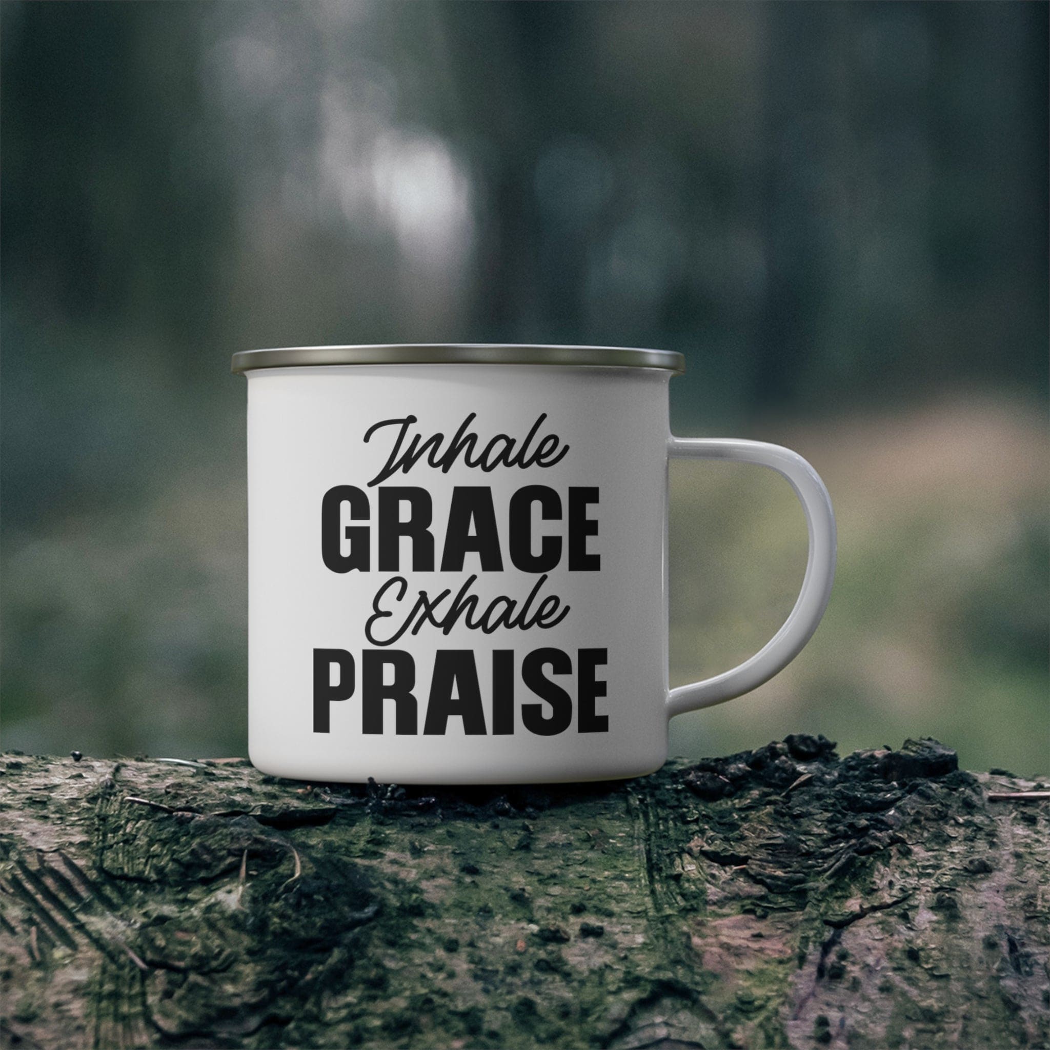 Durable enamel camping mug featuring a black illustration with the phrase 'Inhale Grace Exhale Praise', perfect for outdoor and indoor use.