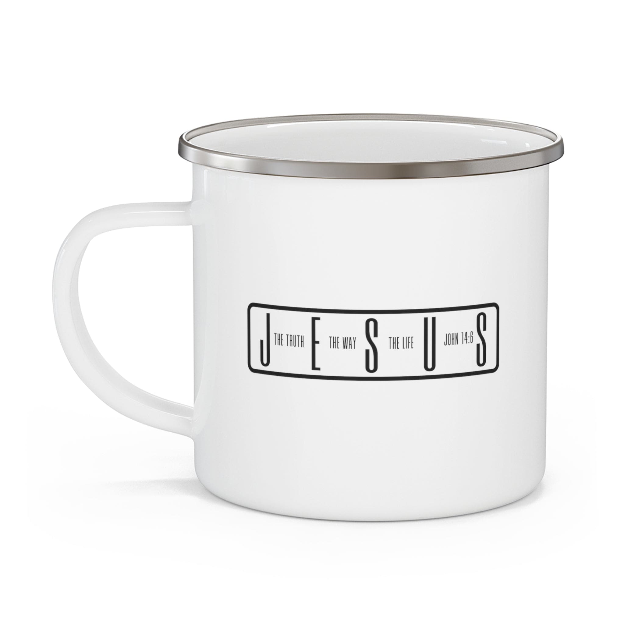Black enamel camping mug with the phrase 'Jesus the Truth the Way the Life' printed on it, featuring a C-handle and rounded corners.