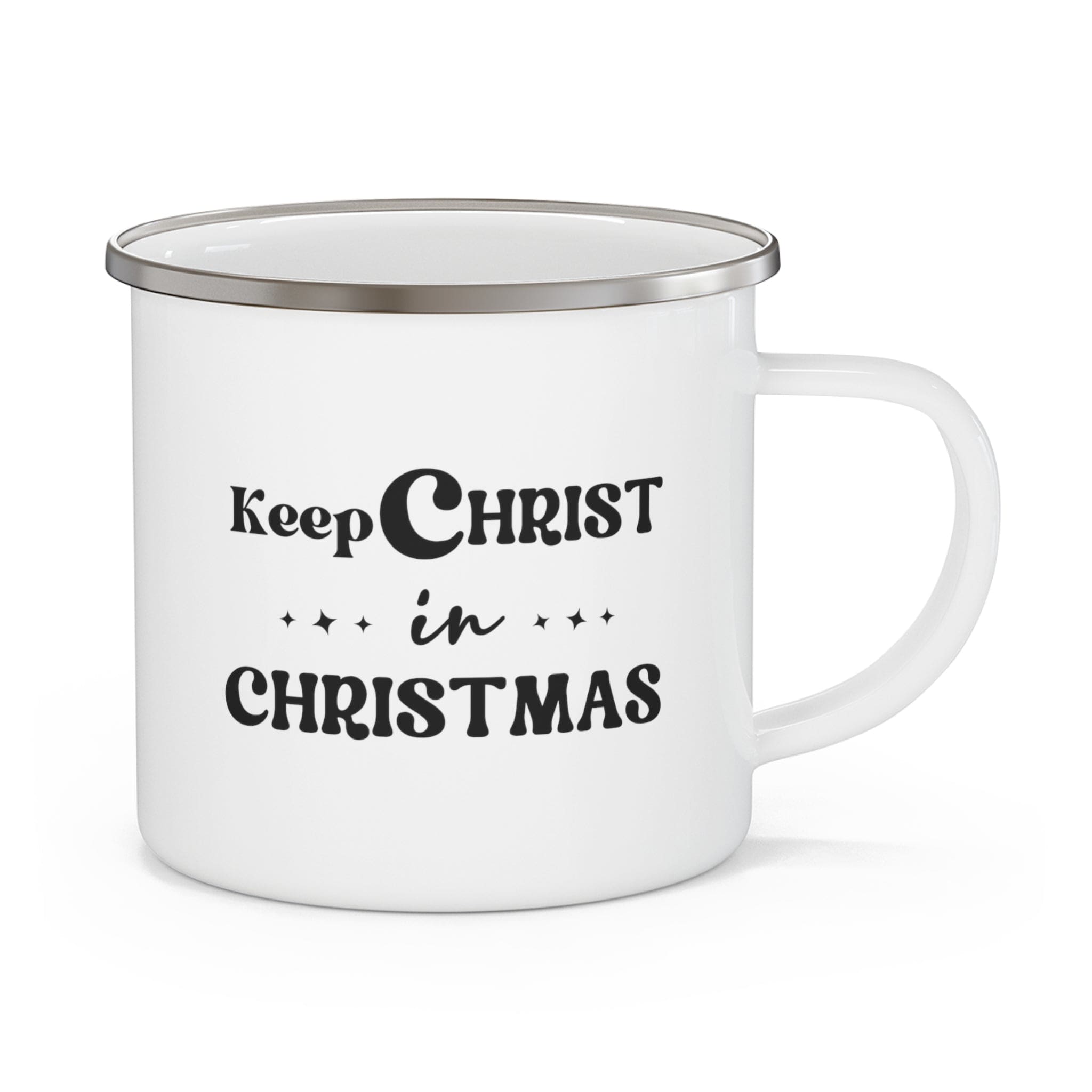 Durable enamel camping mug with a C-handle, featuring the phrase 'Keep Christ in Christmas' for holiday enjoyment.