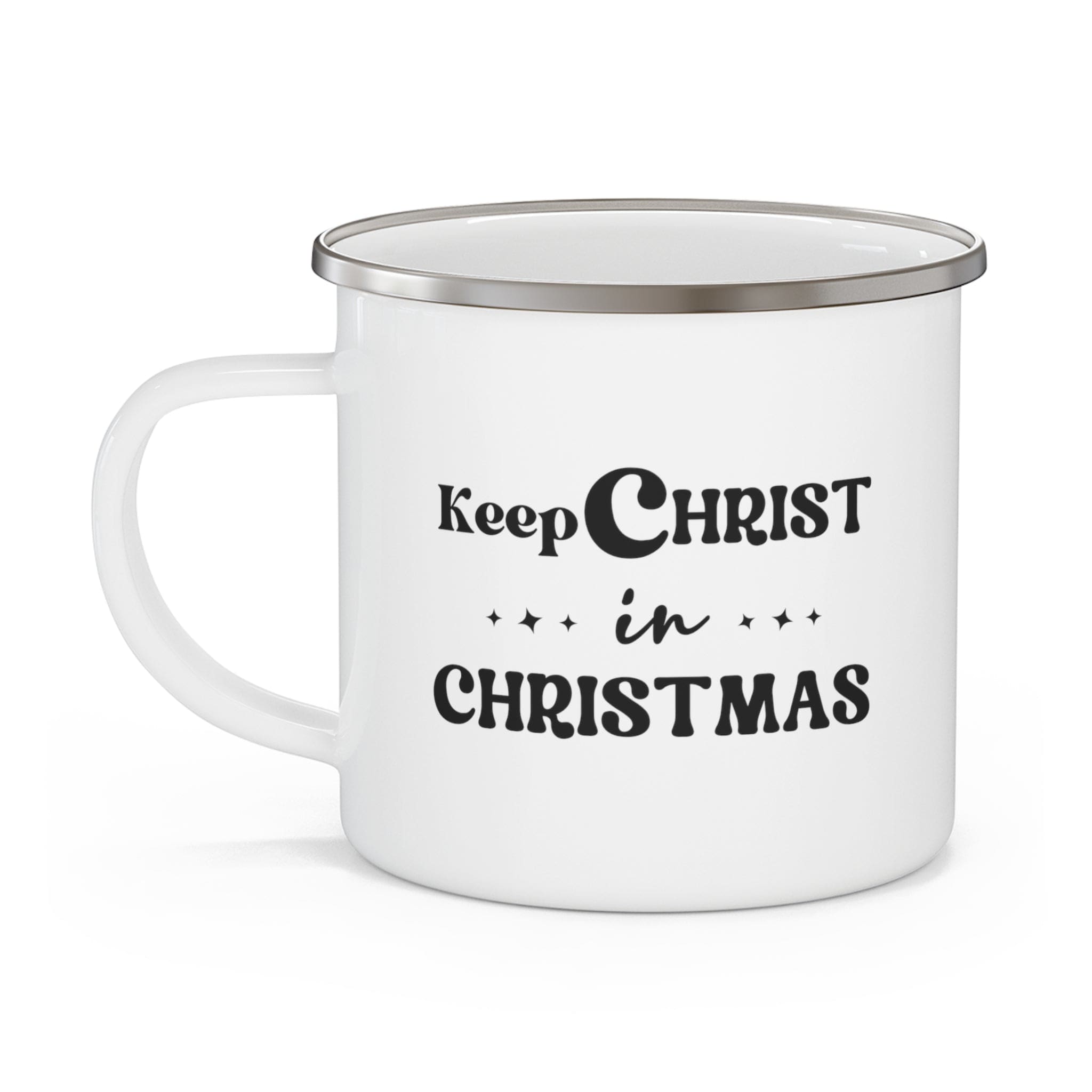 Durable enamel camping mug with a C-handle, featuring the phrase 'Keep Christ in Christmas' for holiday enjoyment.