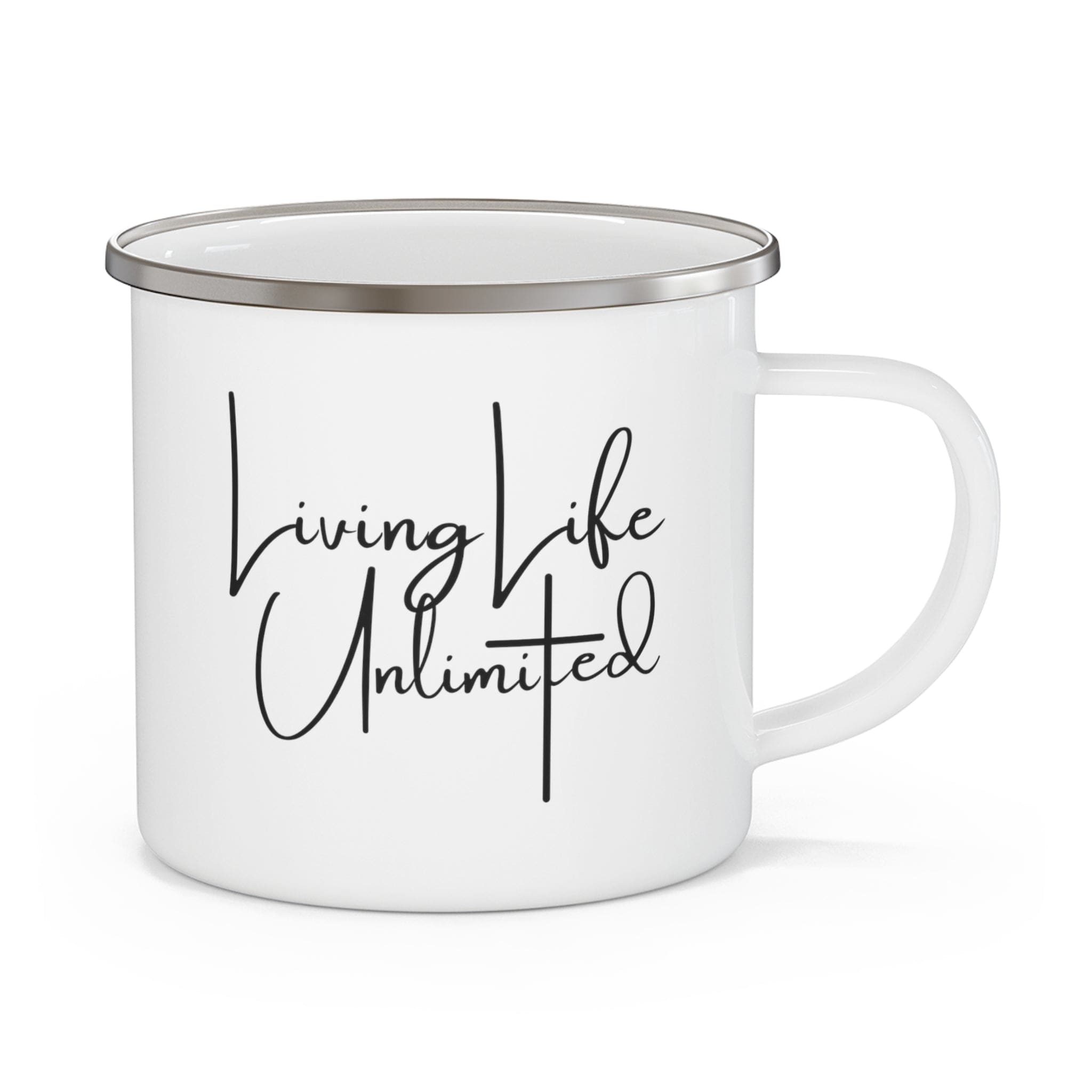 Durable enamel camping mug with a C-handle, featuring an inspirational message 'Living Life Unlimited', perfect for outdoor activities.