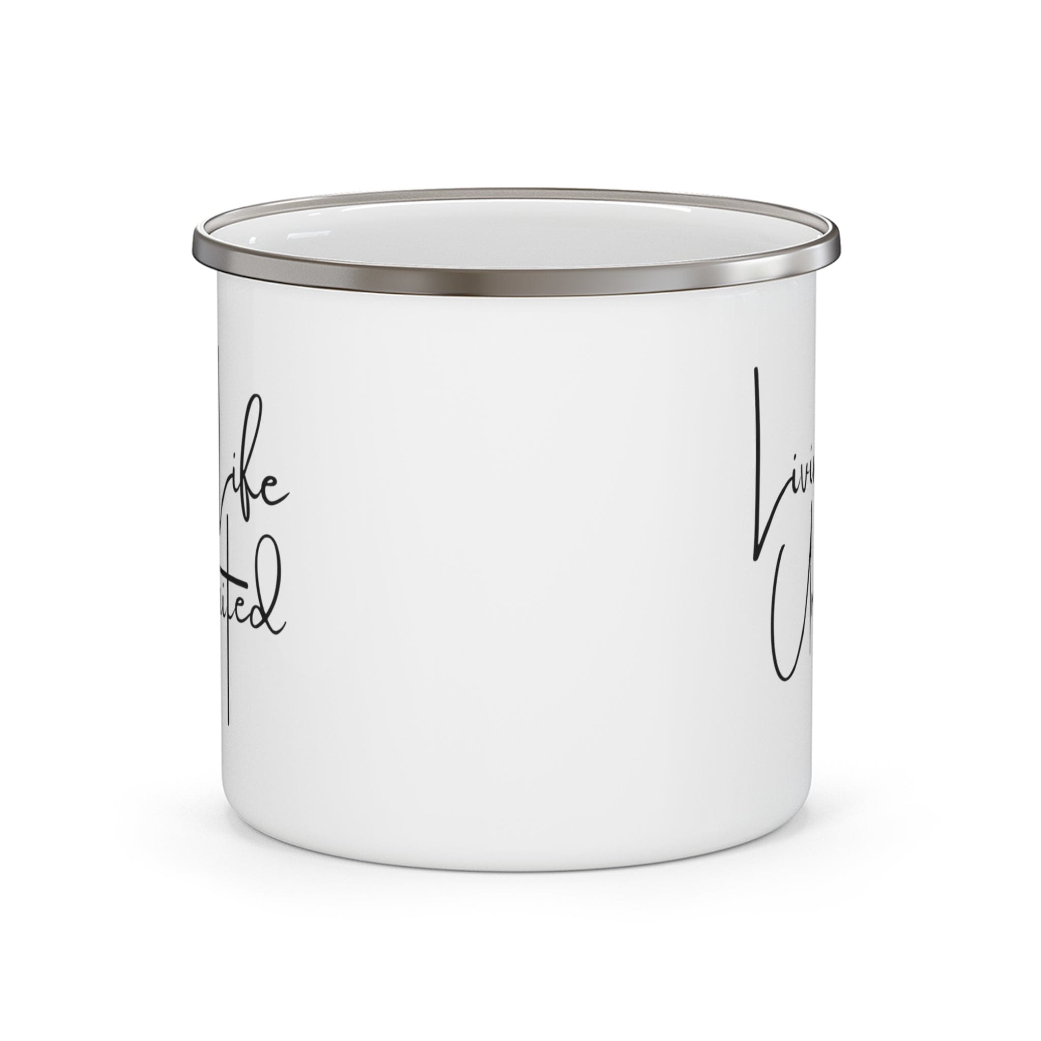 Durable enamel camping mug with a C-handle, featuring an inspirational message 'Living Life Unlimited', perfect for outdoor activities.