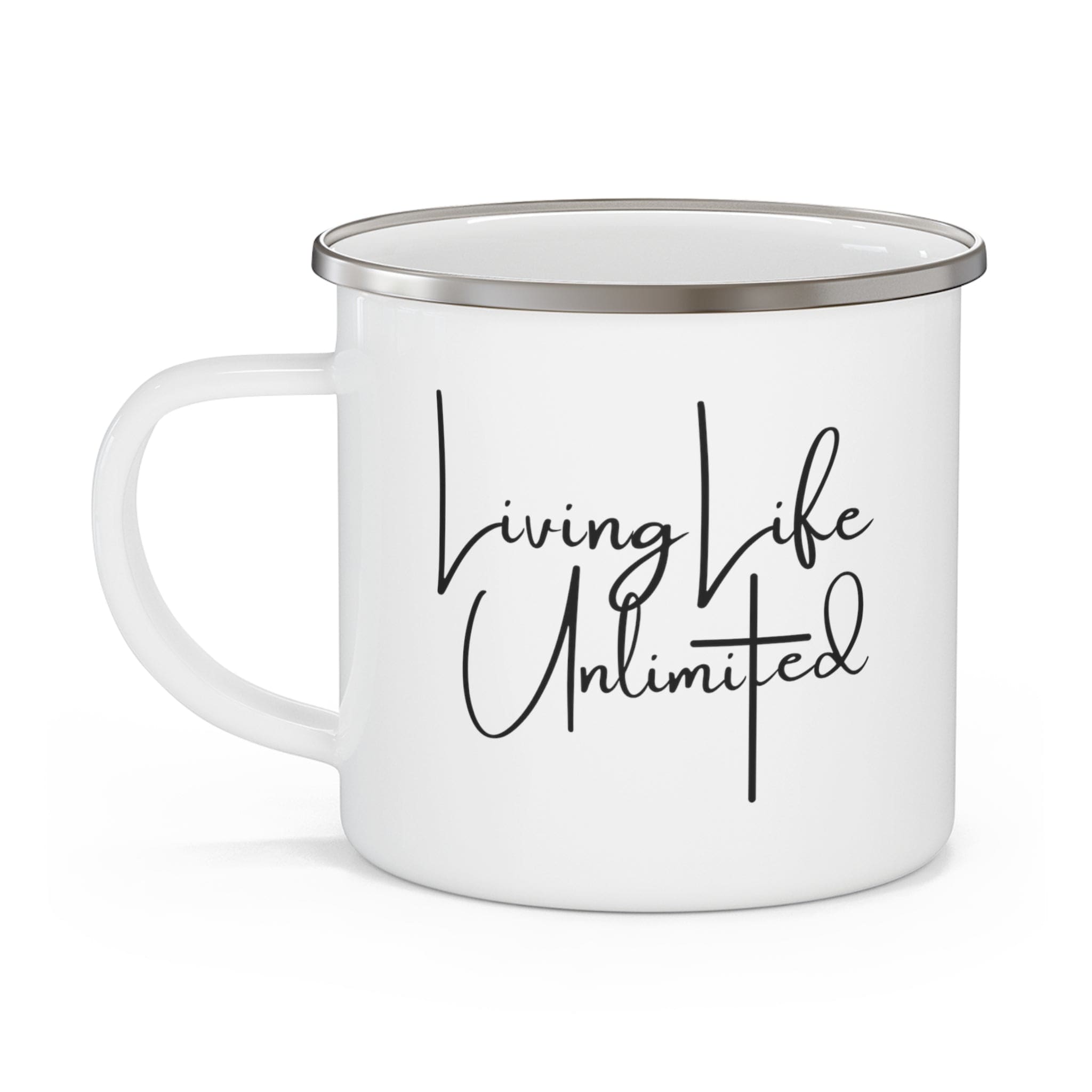 Durable enamel camping mug with a C-handle, featuring an inspirational message 'Living Life Unlimited', perfect for outdoor activities.