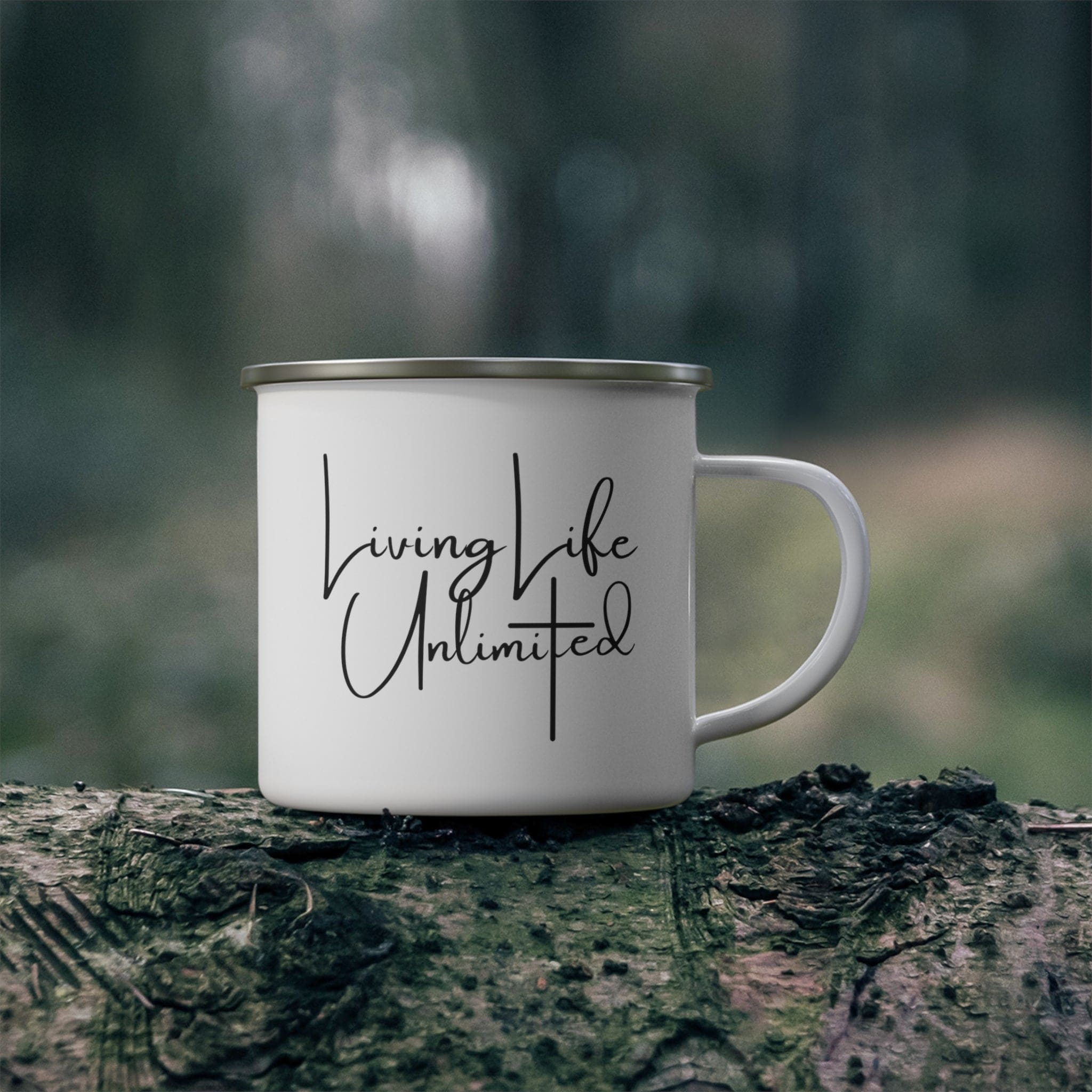 Durable enamel camping mug with a C-handle, featuring an inspirational message 'Living Life Unlimited', perfect for outdoor activities.