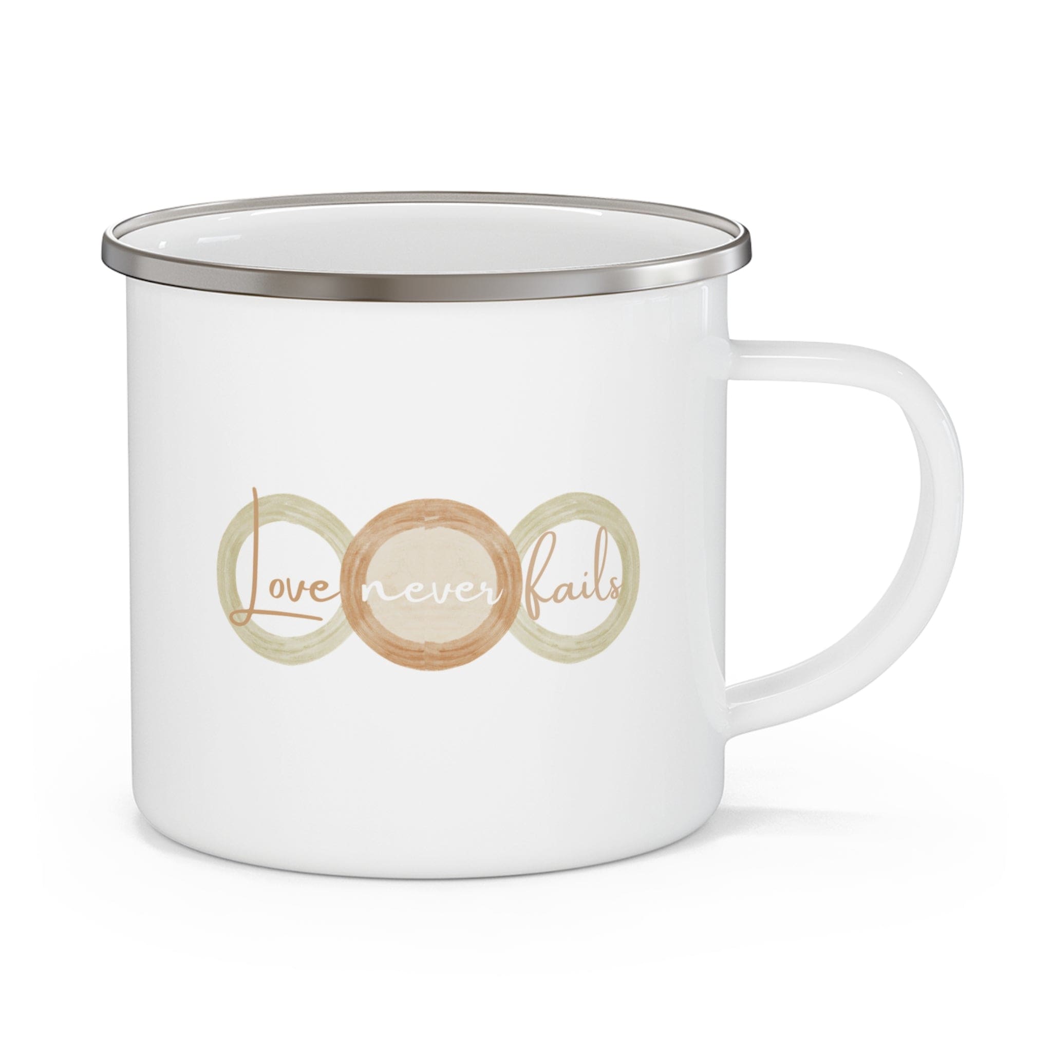 Enamel camping mug with 'Love Never Fails' design in pastel brown, beige, and green colors, featuring a C-handle and rounded corners.