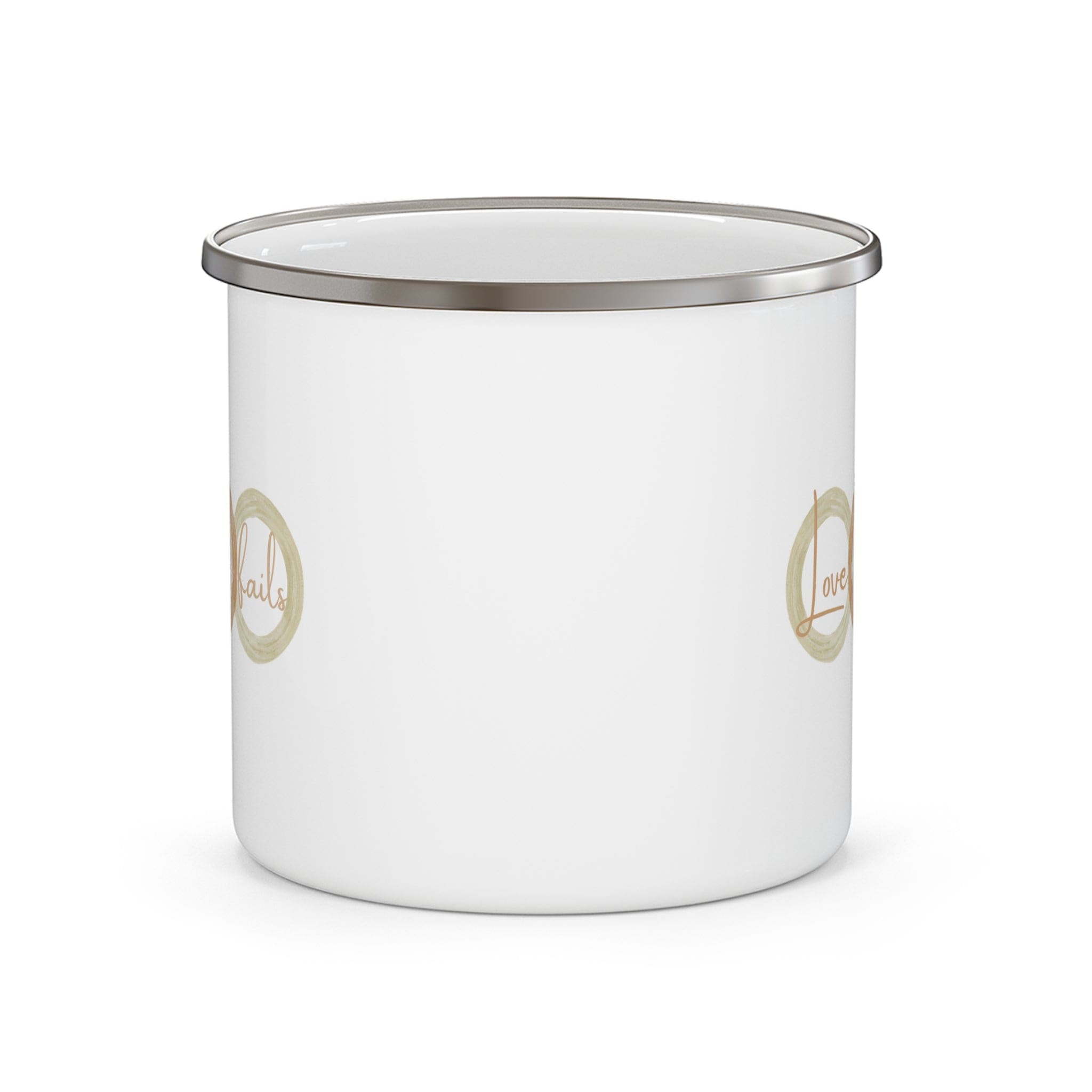 Enamel camping mug with 'Love Never Fails' design in pastel brown, beige, and green colors, featuring a C-handle and rounded corners.
