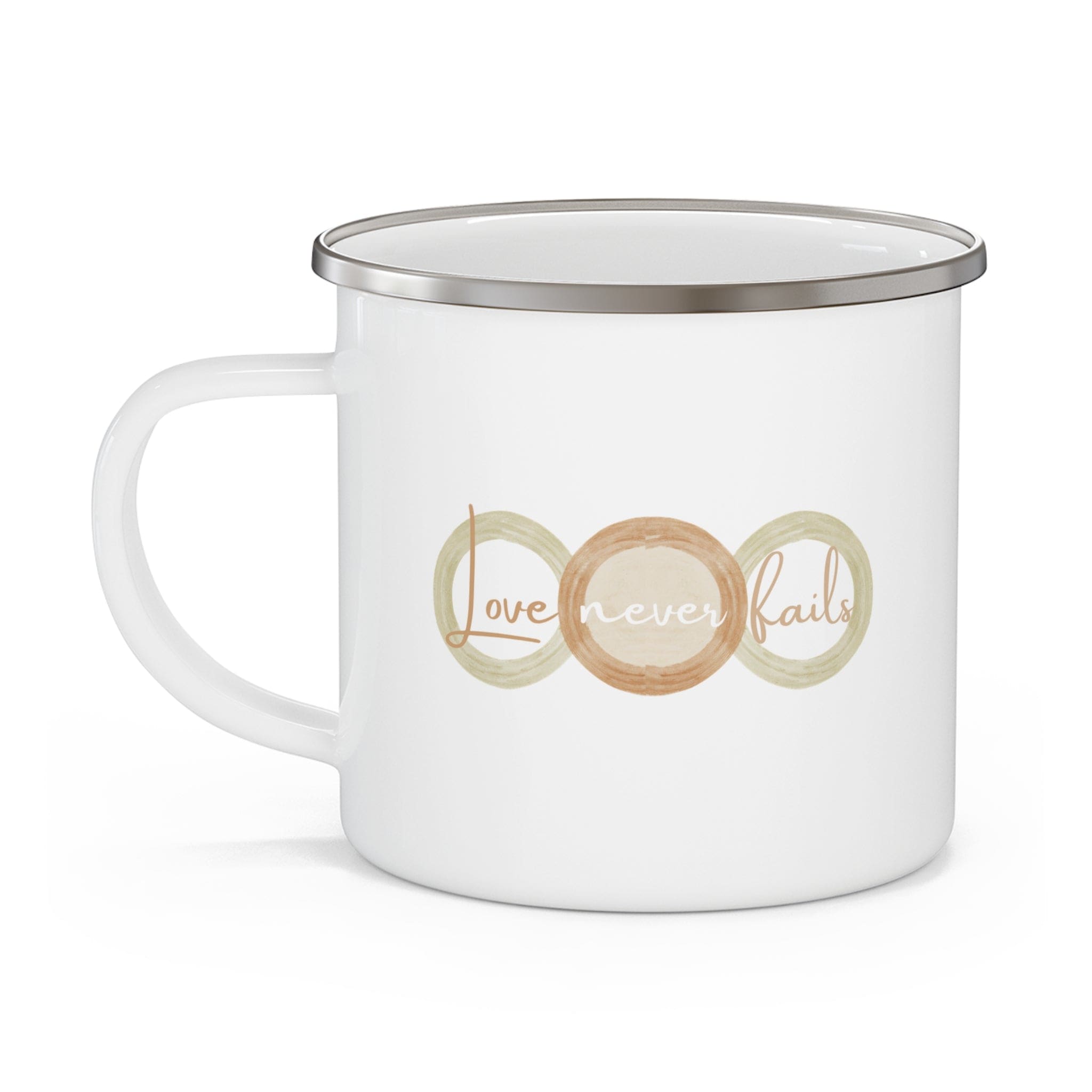 Enamel camping mug with 'Love Never Fails' design in pastel brown, beige, and green colors, featuring a C-handle and rounded corners.