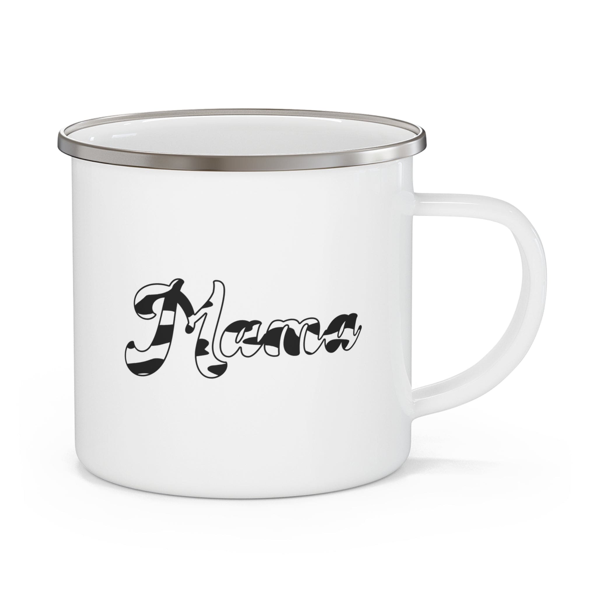 Enamel Camping Mug Mama featuring a stylish black and white pattern, perfect for outdoor and indoor use.