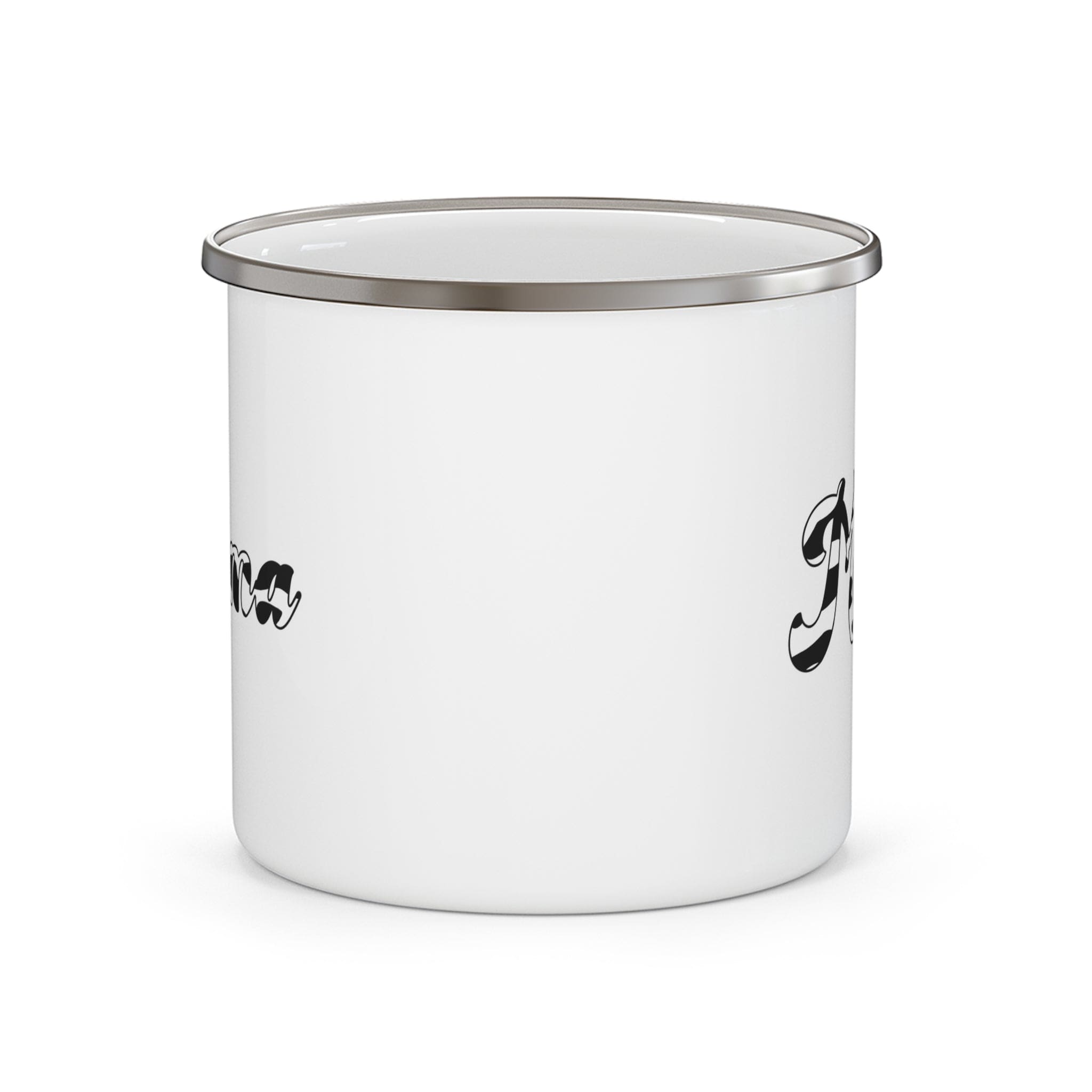 Enamel Camping Mug Mama featuring a stylish black and white pattern, perfect for outdoor and indoor use.