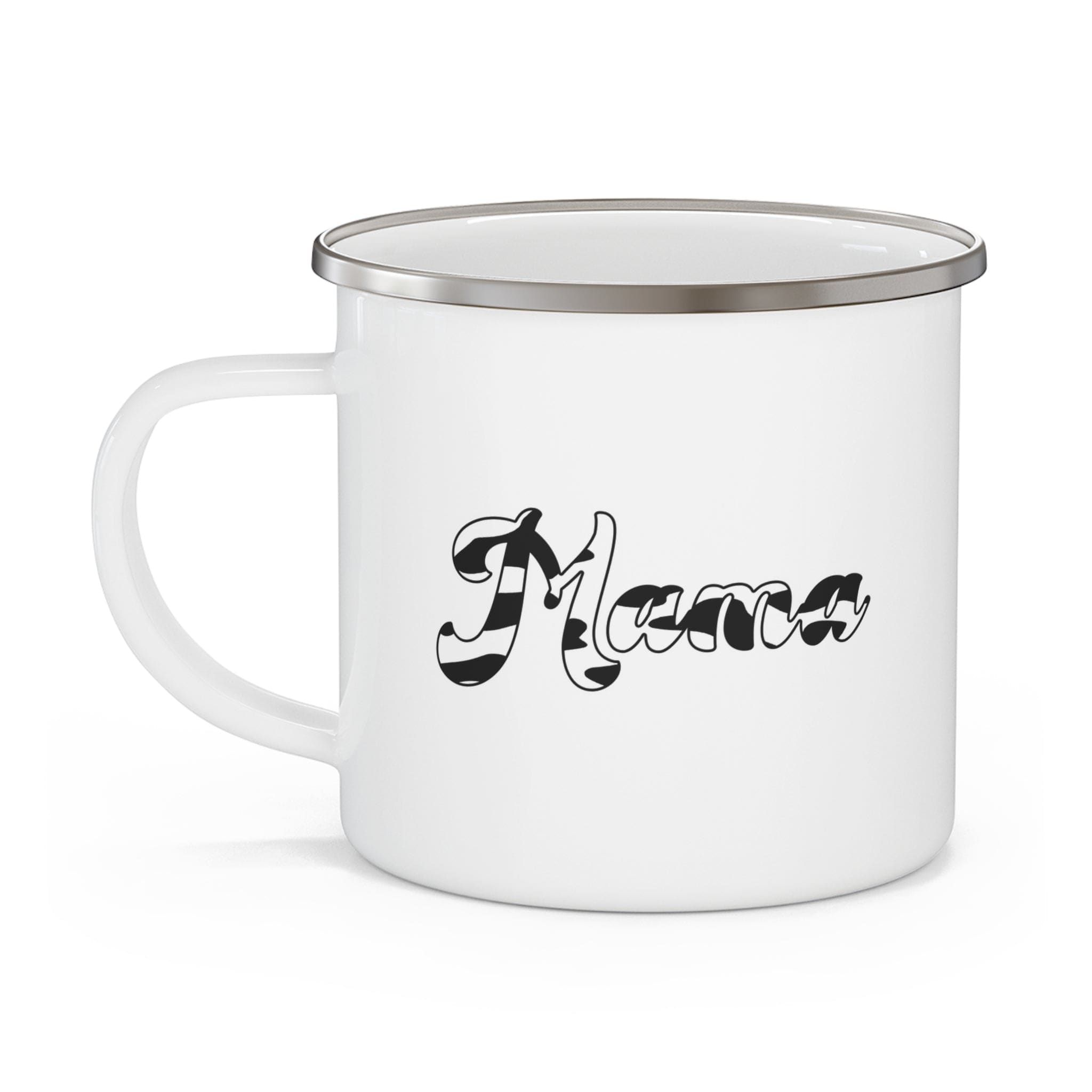 Enamel Camping Mug Mama featuring a stylish black and white pattern, perfect for outdoor and indoor use.