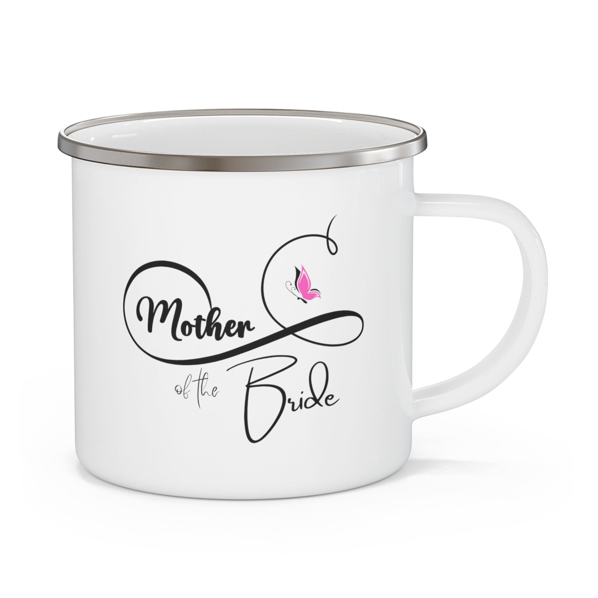 Stylish pink enamel camping mug for the Mother of the Bride, featuring a C-handle and rounded corners.