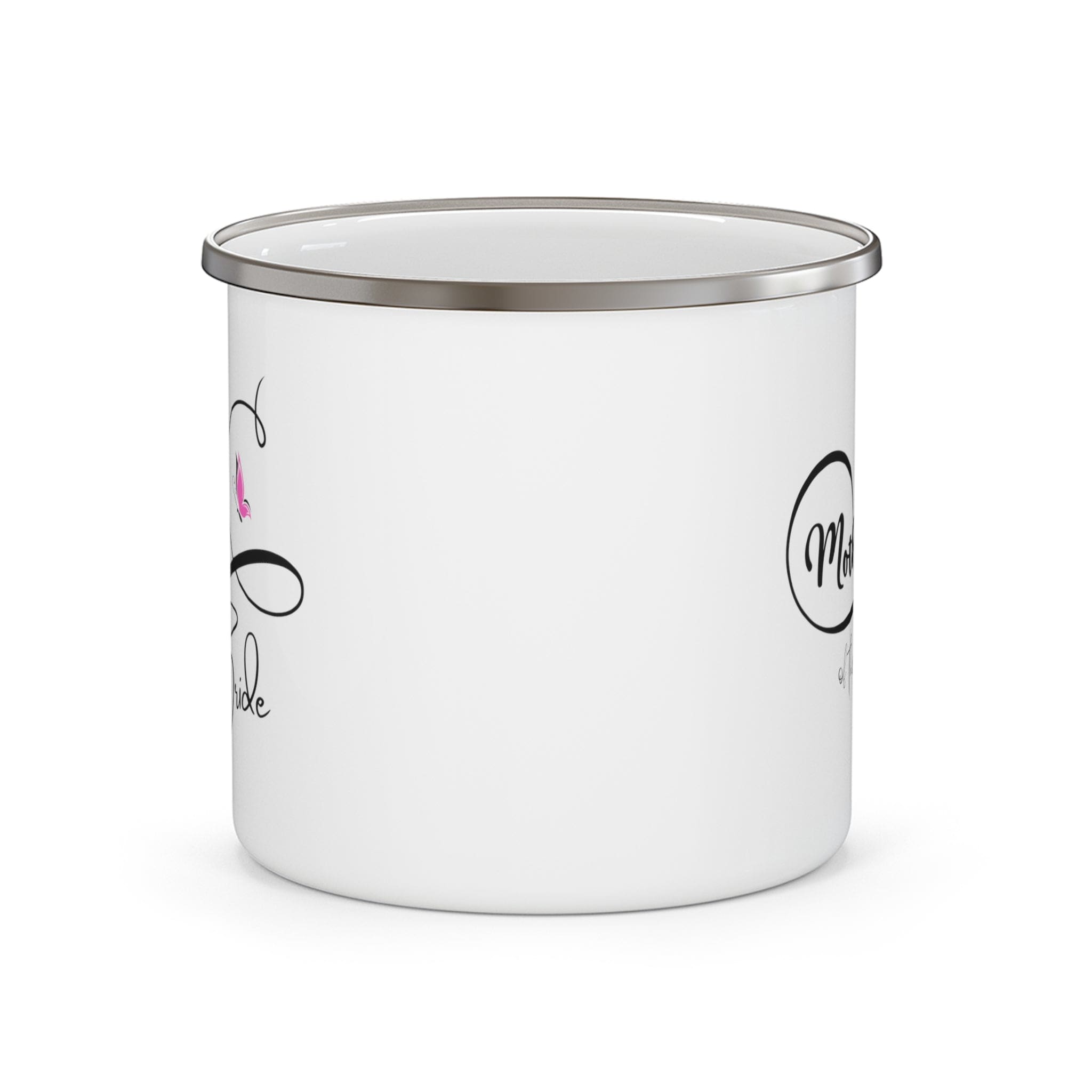 Stylish pink enamel camping mug for the Mother of the Bride, featuring a C-handle and rounded corners.