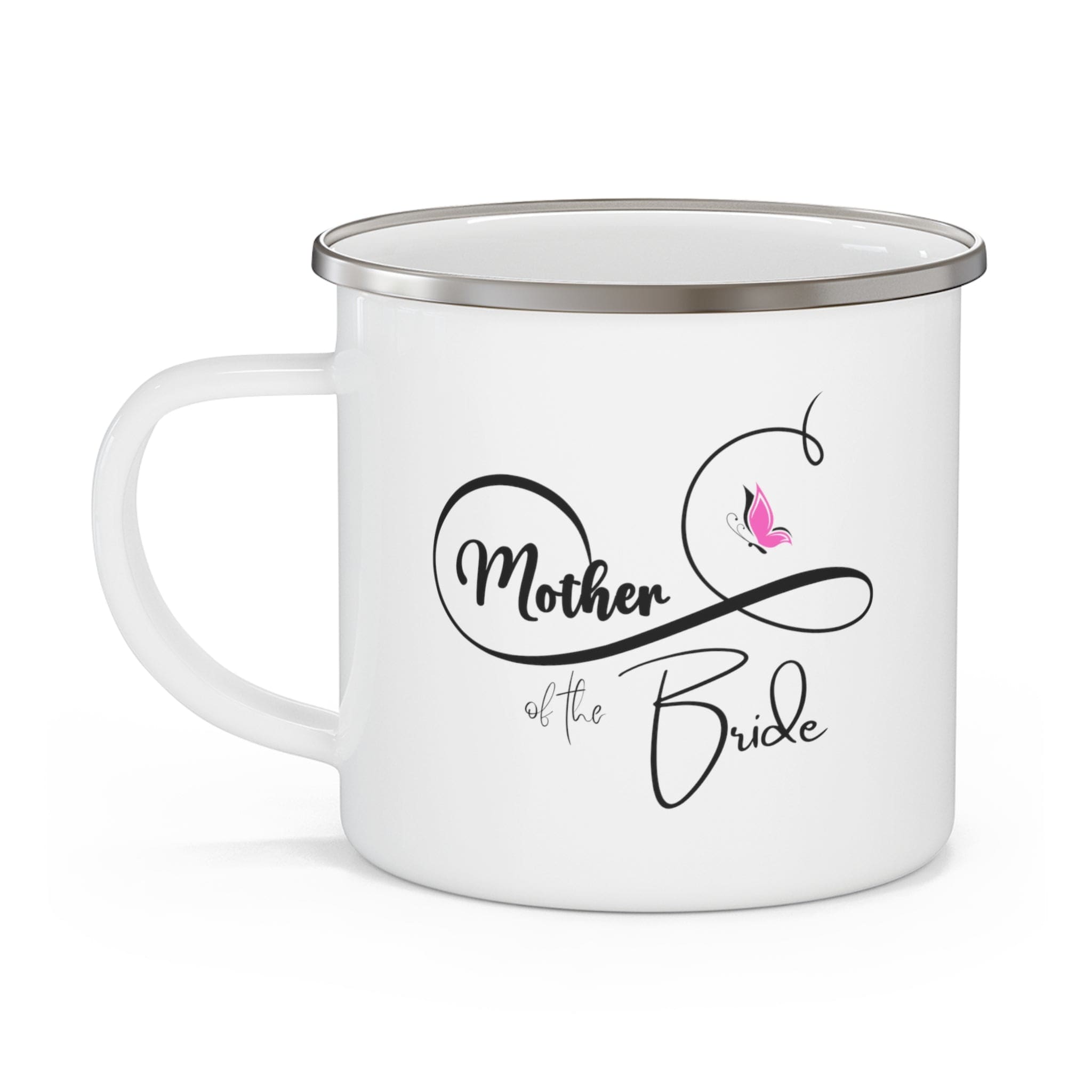 Stylish pink enamel camping mug for the Mother of the Bride, featuring a C-handle and rounded corners.