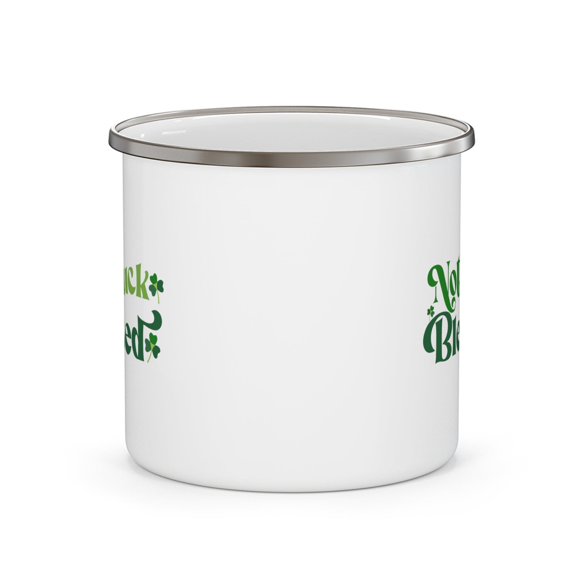 Durable enamel camping mug with rounded corners and C-handle, perfect for outdoor activities.