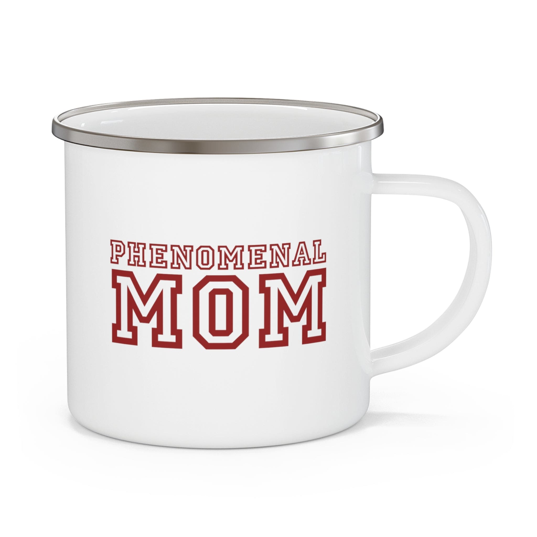 Red enamel camping mug with the phrase 'Phenomenal Mom', perfect for outdoor and indoor use.