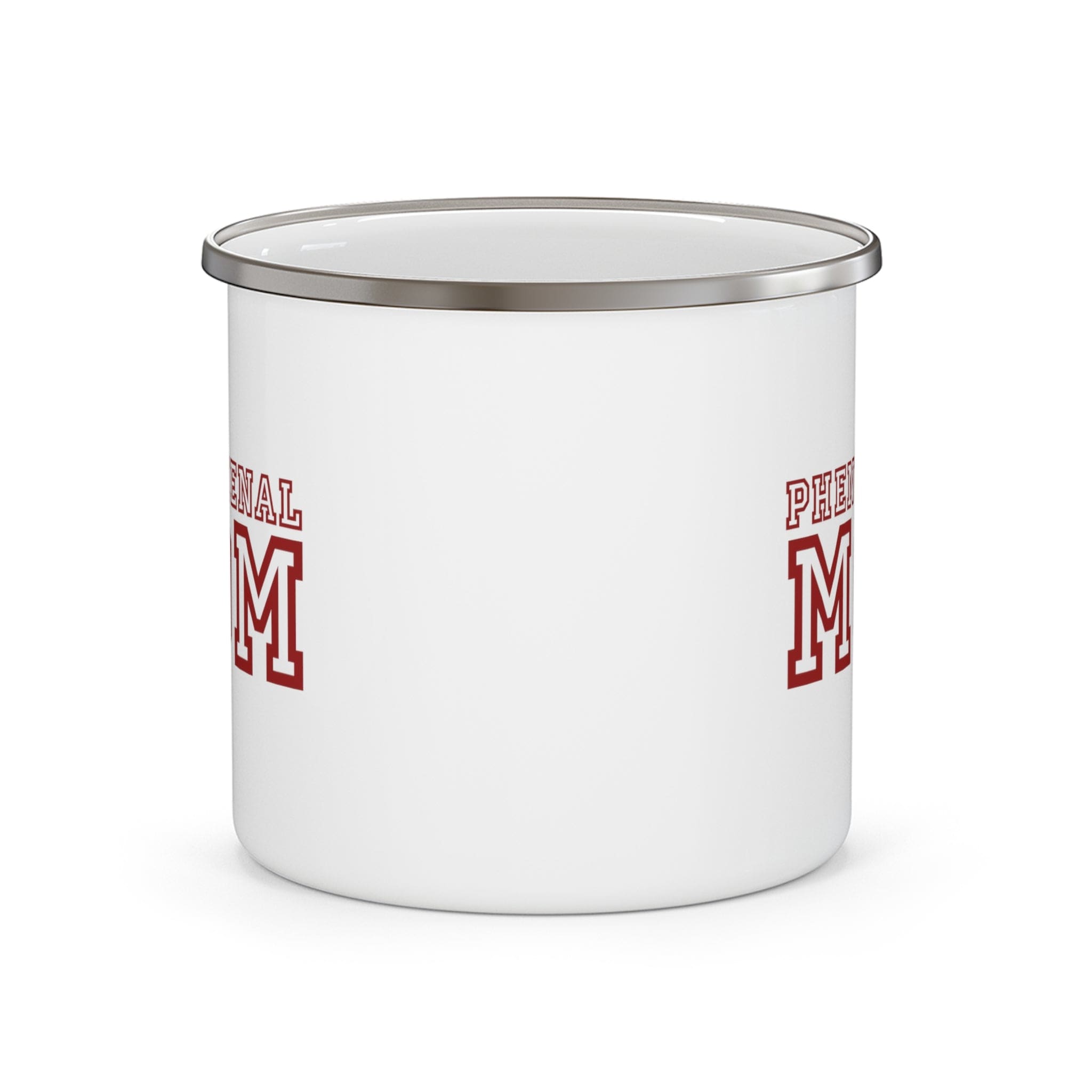 Red enamel camping mug with the phrase 'Phenomenal Mom', perfect for outdoor and indoor use.