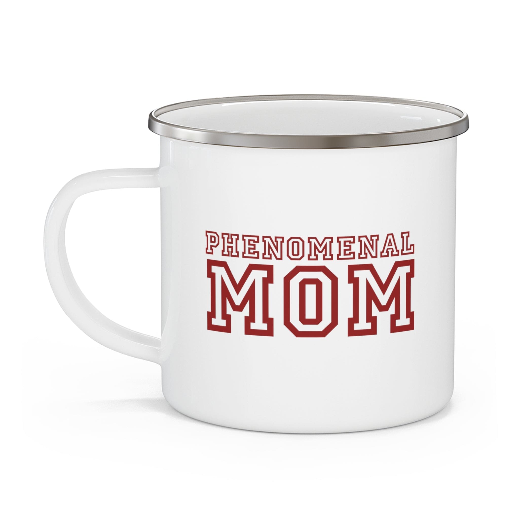 Red enamel camping mug with the phrase 'Phenomenal Mom', perfect for outdoor and indoor use.
