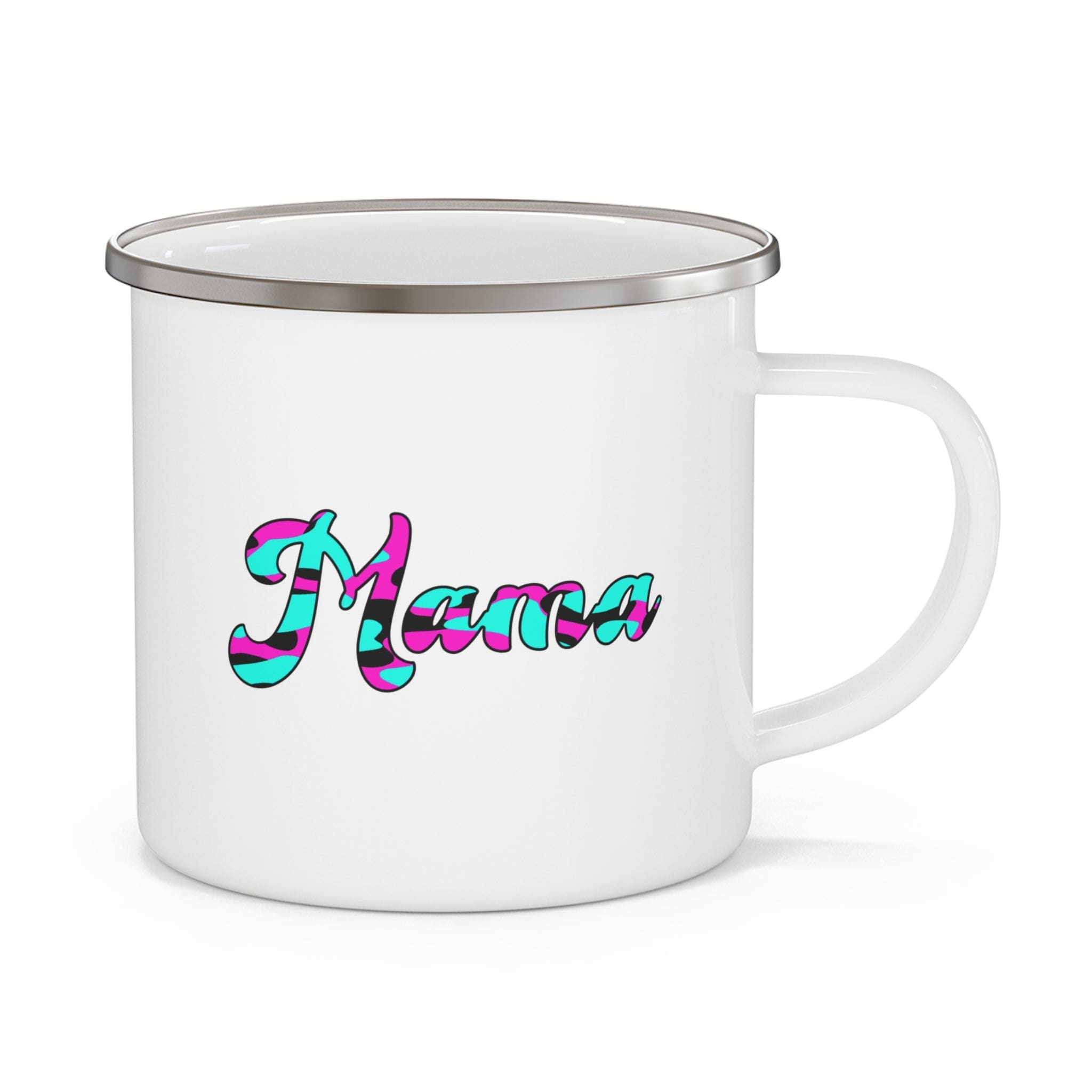 Enamel camping mug featuring a pink, white, and blue abstract design with 'Mama' pattern, perfect for outdoor and indoor use.