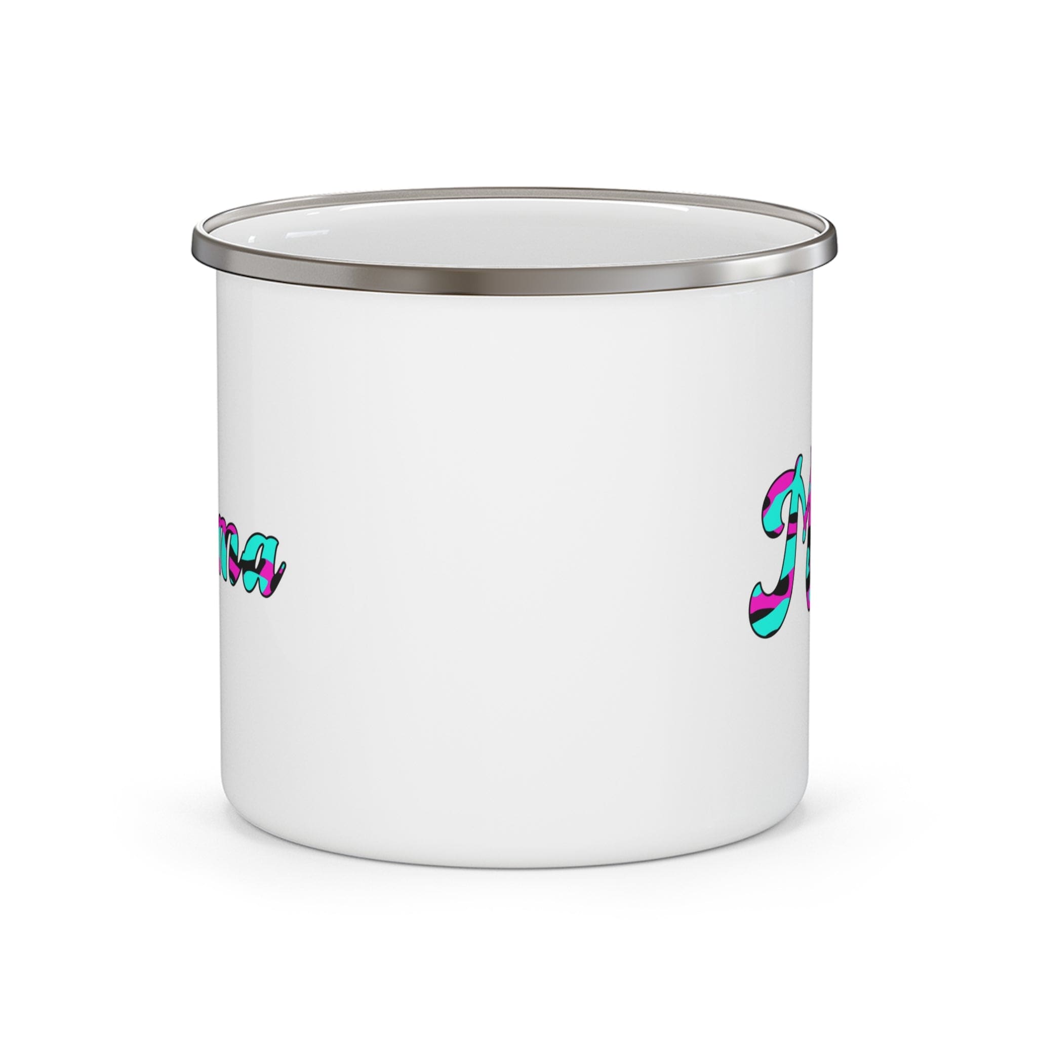 Enamel camping mug featuring a pink, white, and blue abstract design with 'Mama' pattern, perfect for outdoor and indoor use.