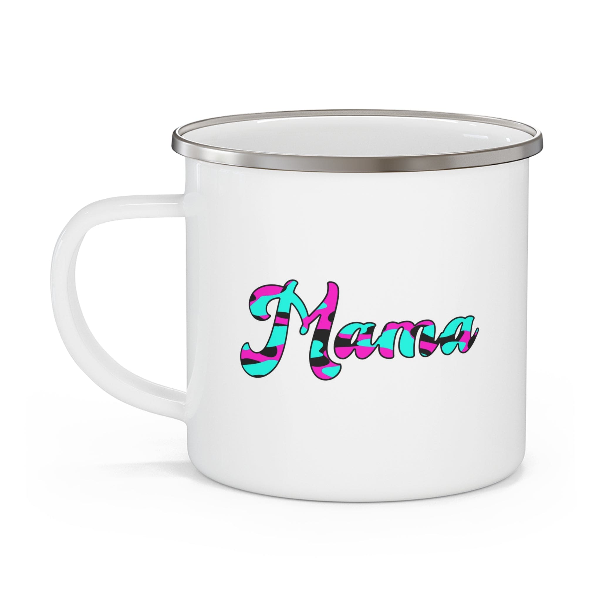 Enamel camping mug featuring a pink, white, and blue abstract design with 'Mama' pattern, perfect for outdoor and indoor use.