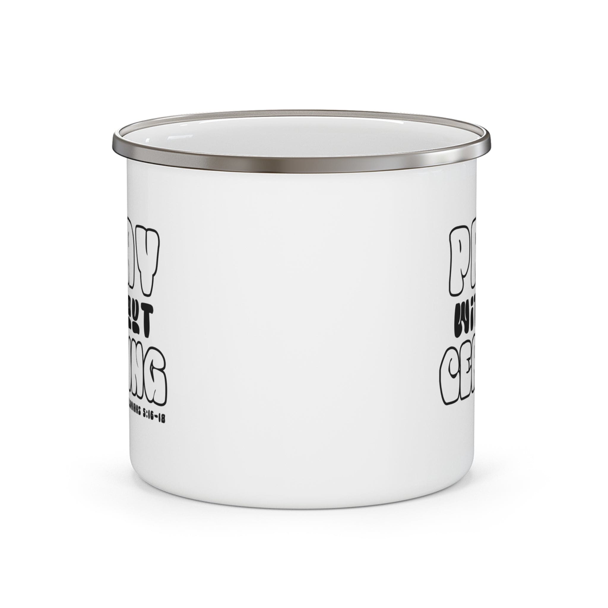 Durable black and white enamel camping mug with 'Pray Without Ceasing' text, perfect for outdoor and indoor use.