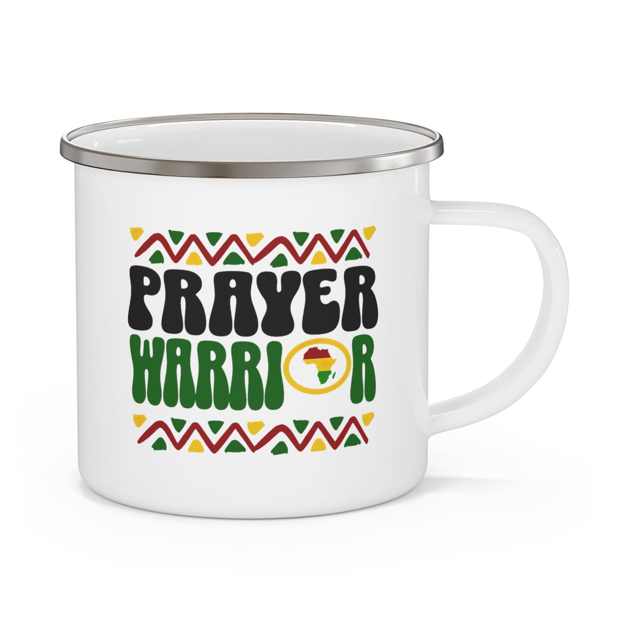 Enamel Camping Mug featuring 'Prayer Warrior' design, perfect for outdoor and indoor use, made from durable stainless steel.