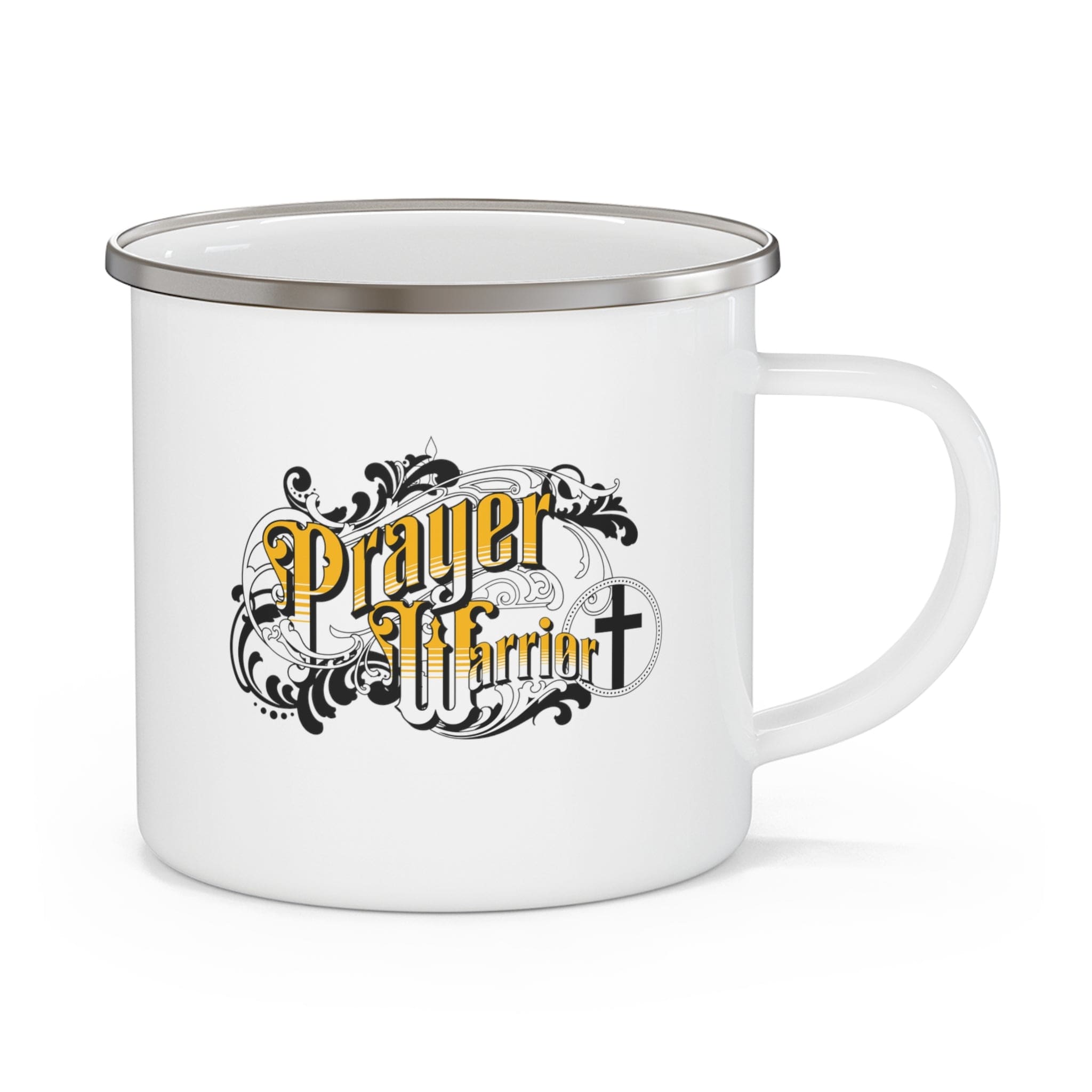 Durable enamel camping mug with a C-handle, featuring Christian inspirational design, perfect for coffee and outdoor activities.
