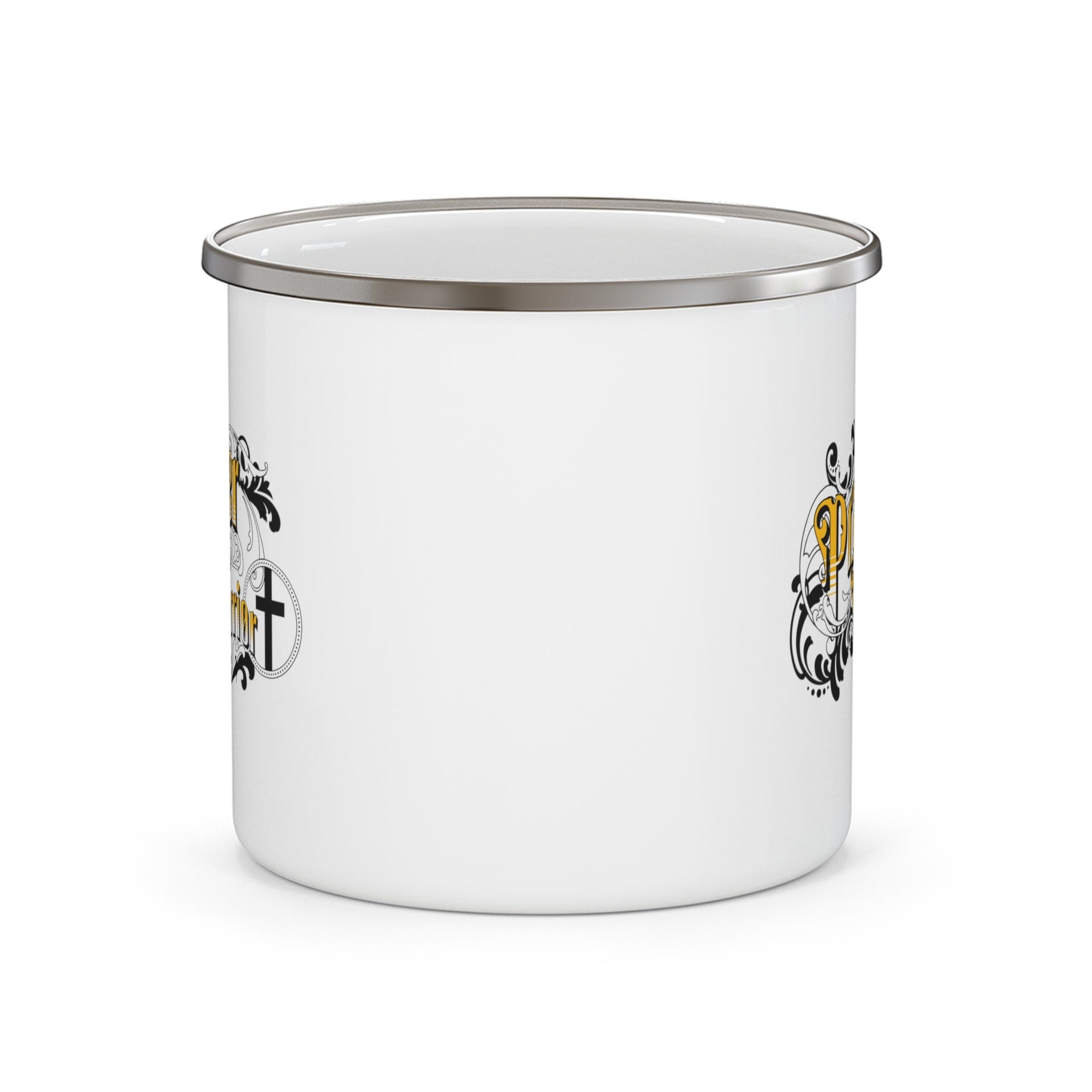 Durable enamel camping mug with a C-handle, featuring Christian inspirational design, perfect for coffee and outdoor activities.