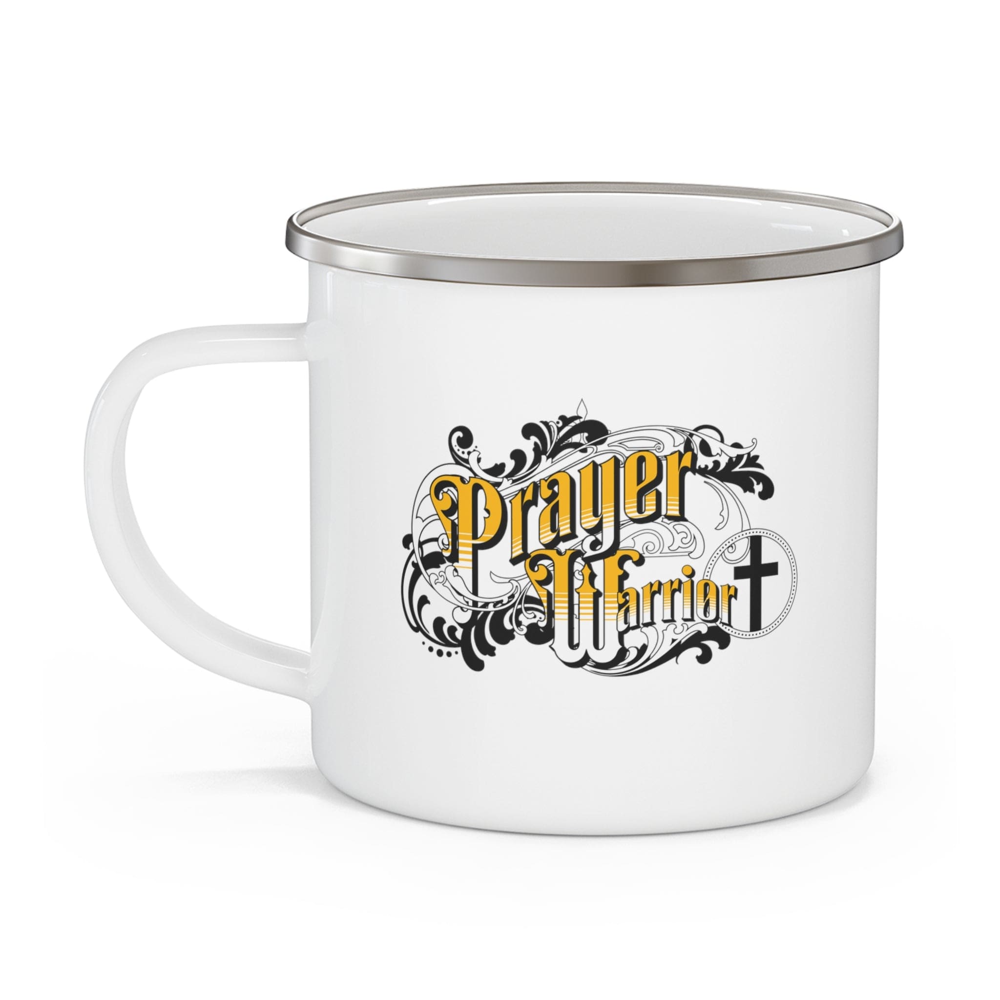 Durable enamel camping mug with a C-handle, featuring Christian inspirational design, perfect for coffee and outdoor activities.