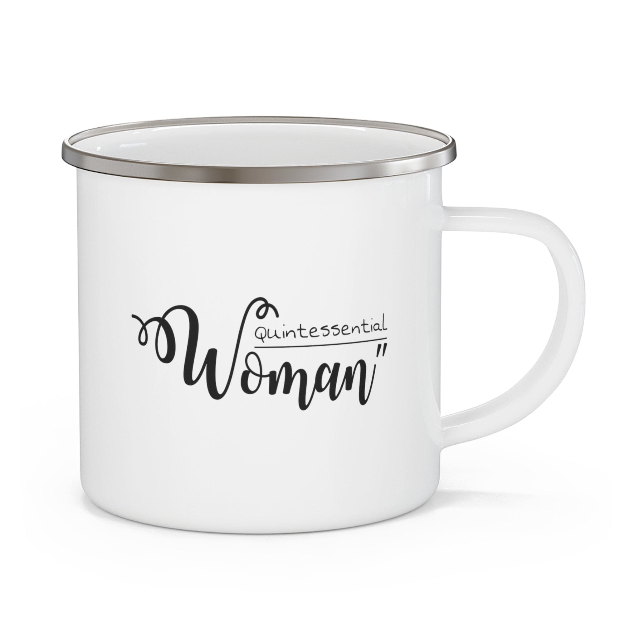 Durable enamel camping mug featuring a stylish black illustration of a quintessential woman, perfect for coffee and outdoor activities.
