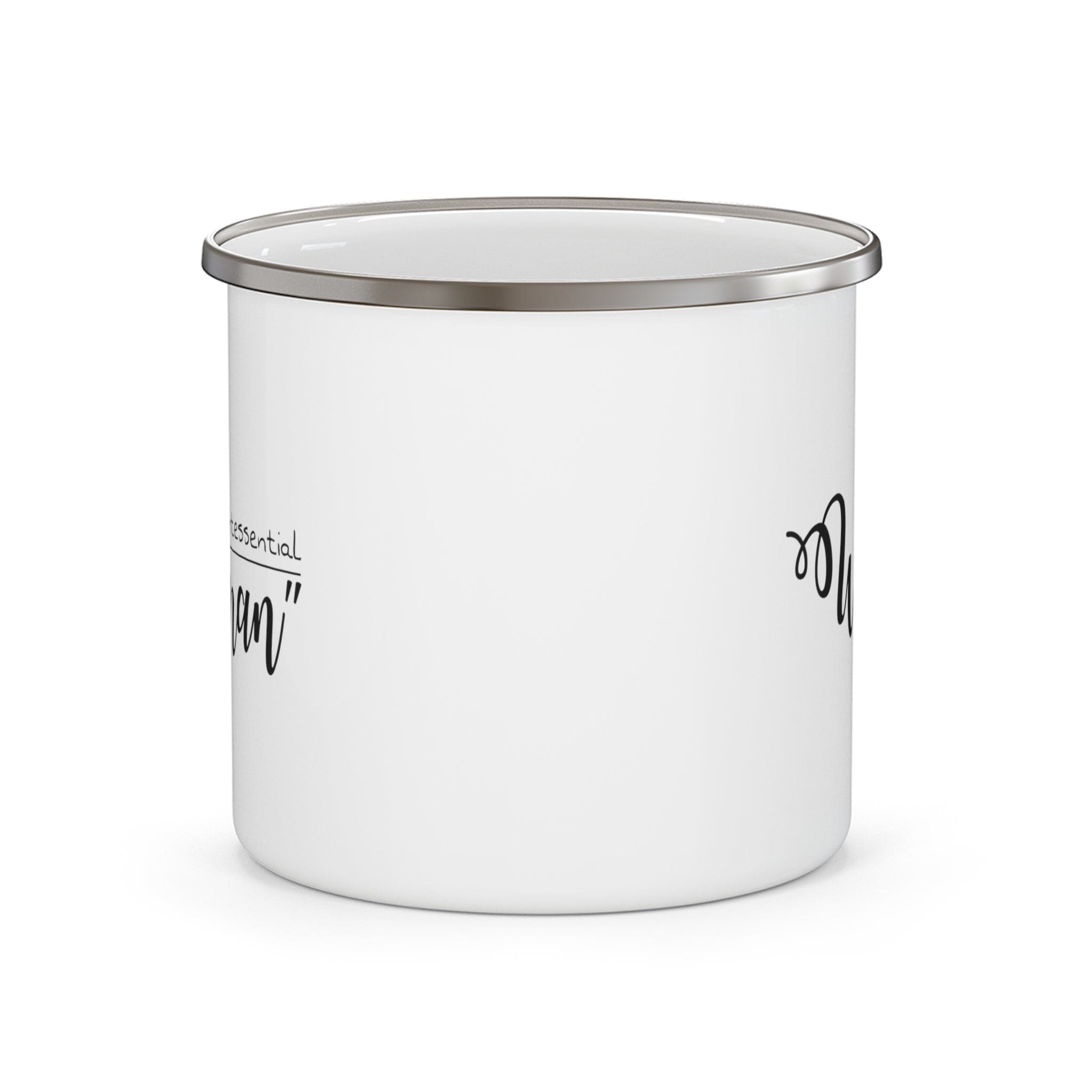 Durable enamel camping mug featuring a stylish black illustration of a quintessential woman, perfect for coffee and outdoor activities.