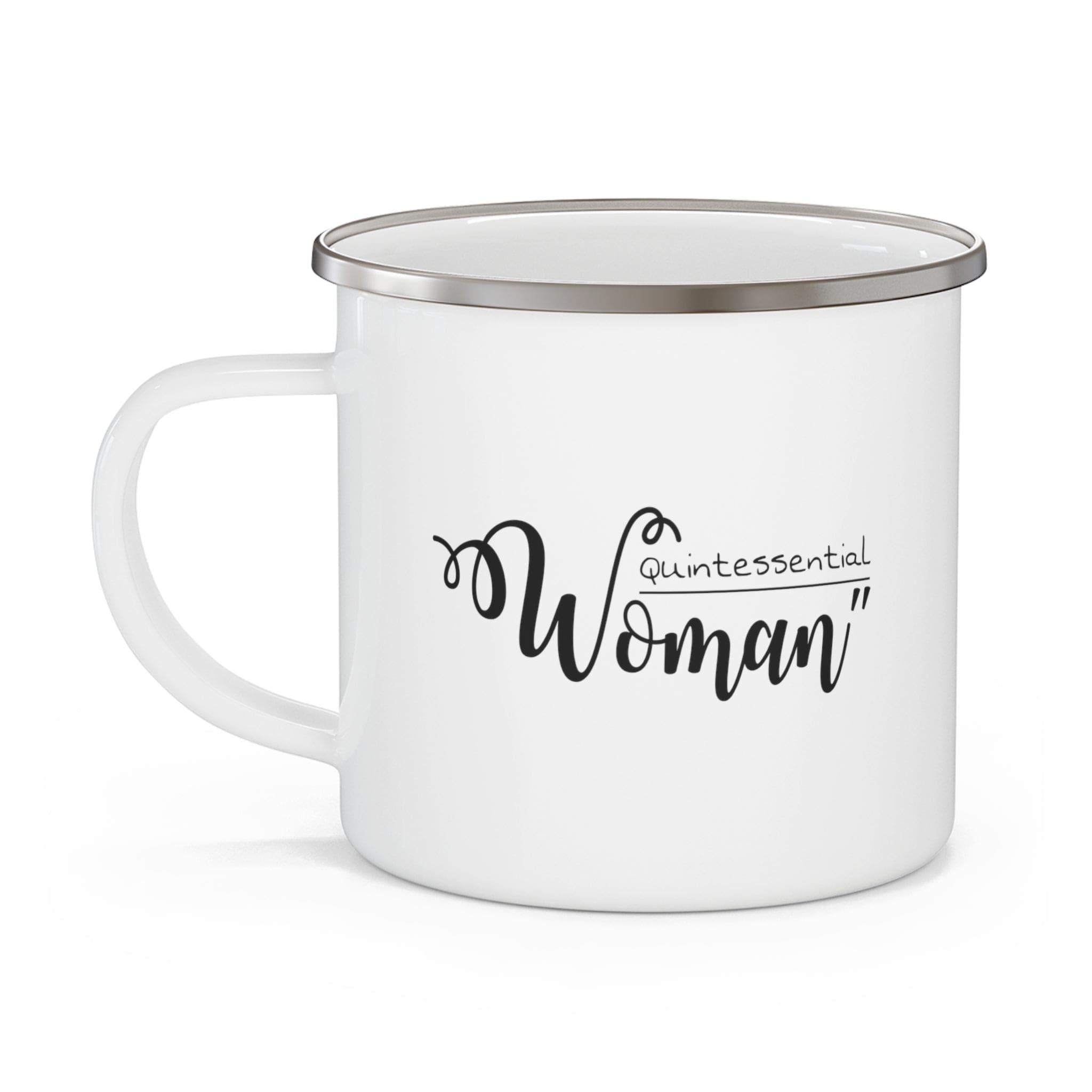 Durable enamel camping mug featuring a stylish black illustration of a quintessential woman, perfect for coffee and outdoor activities.