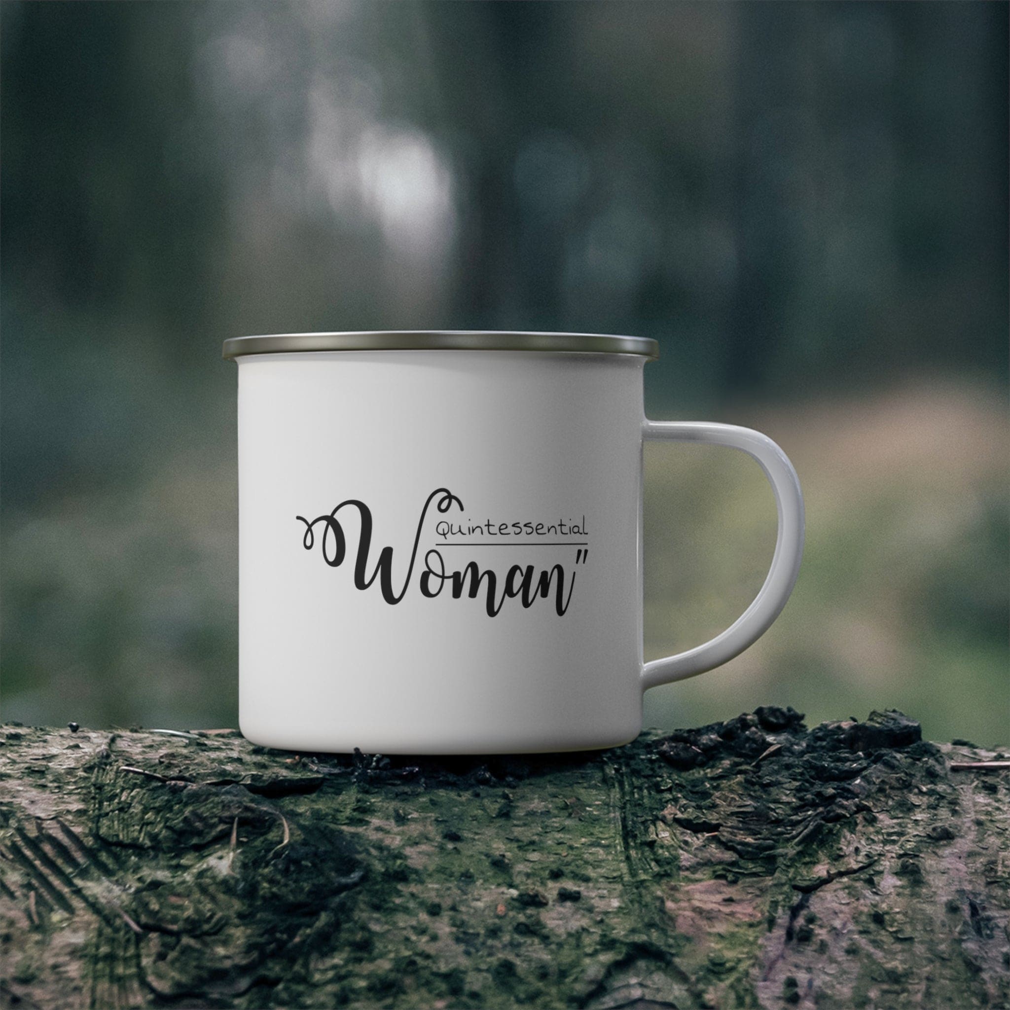 Durable enamel camping mug featuring a stylish black illustration of a quintessential woman, perfect for coffee and outdoor activities.