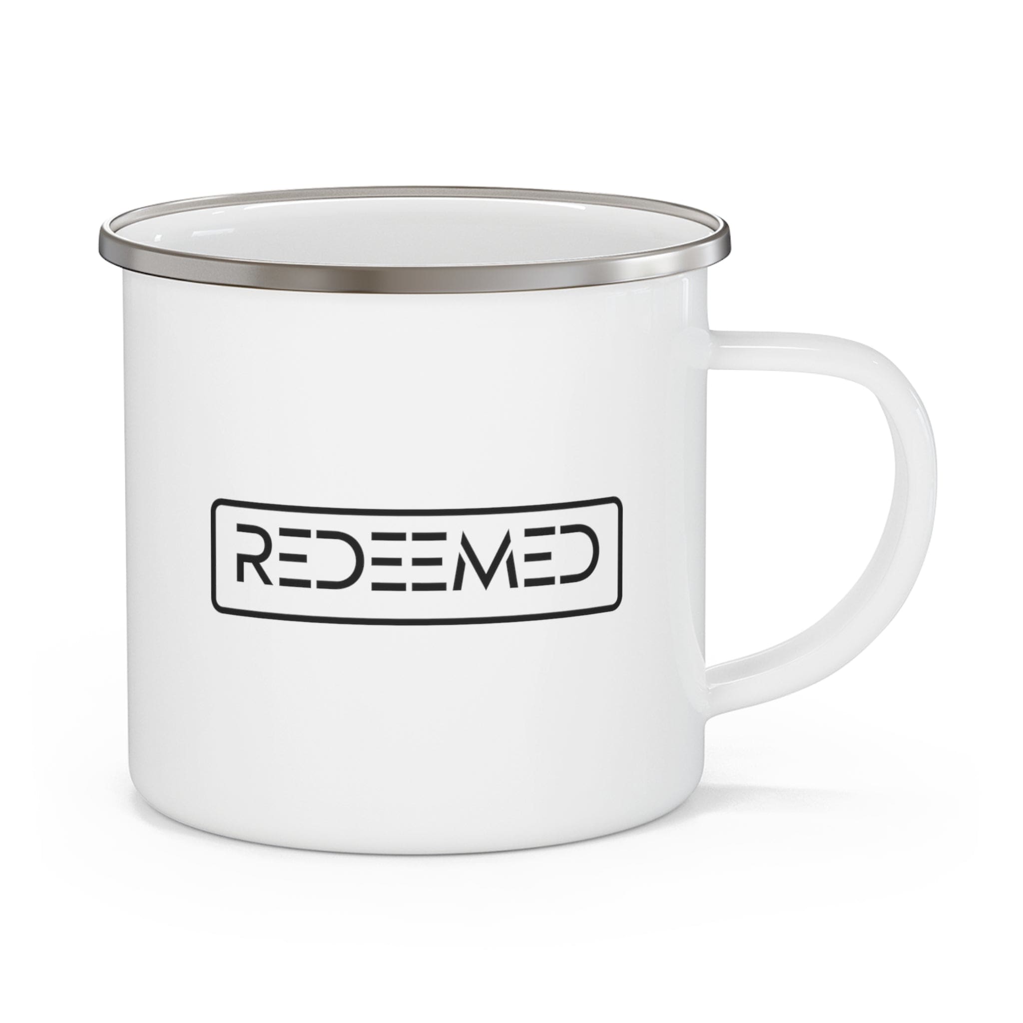 Durable enamel camping mug with a stylish black illustration, perfect for coffee, tea, and cereal.