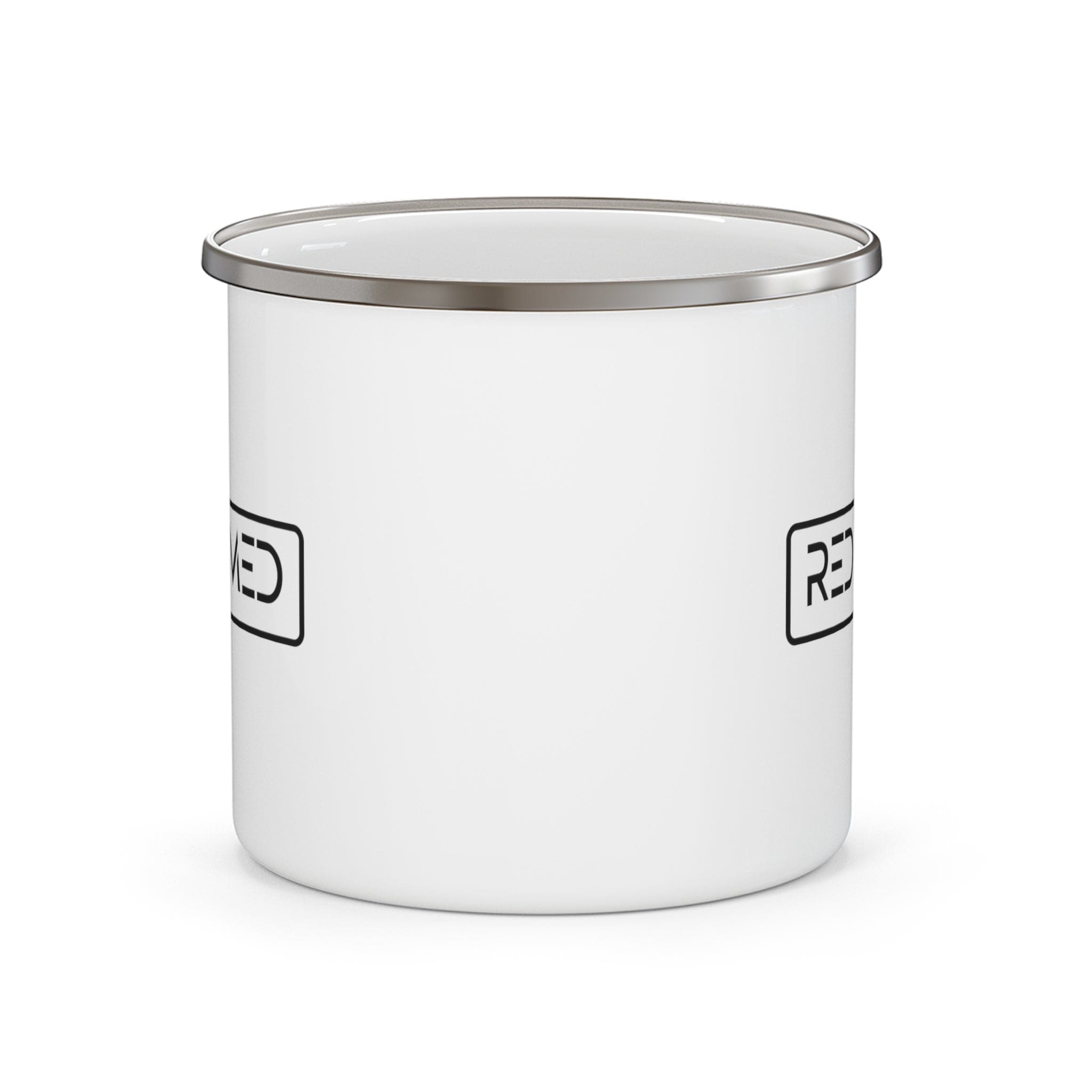 Durable enamel camping mug with a stylish black illustration, perfect for coffee, tea, and cereal.