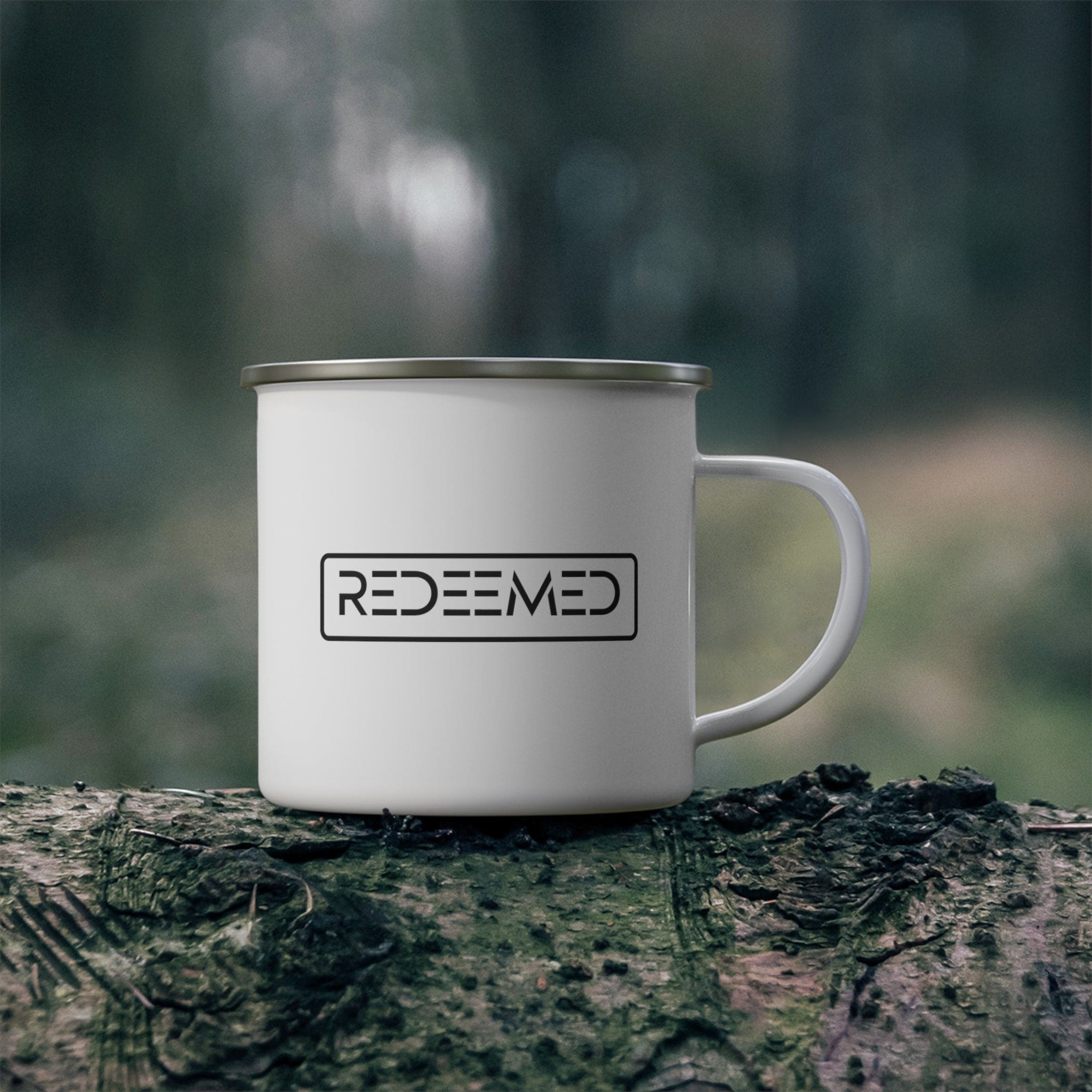 Durable enamel camping mug with a stylish black illustration, perfect for coffee, tea, and cereal.