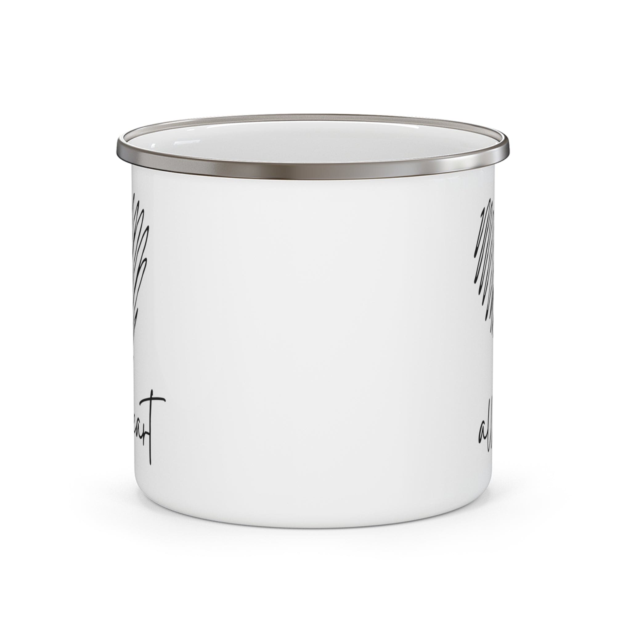 Durable enamel camping mug with black line art print, perfect for coffee and outdoor activities.