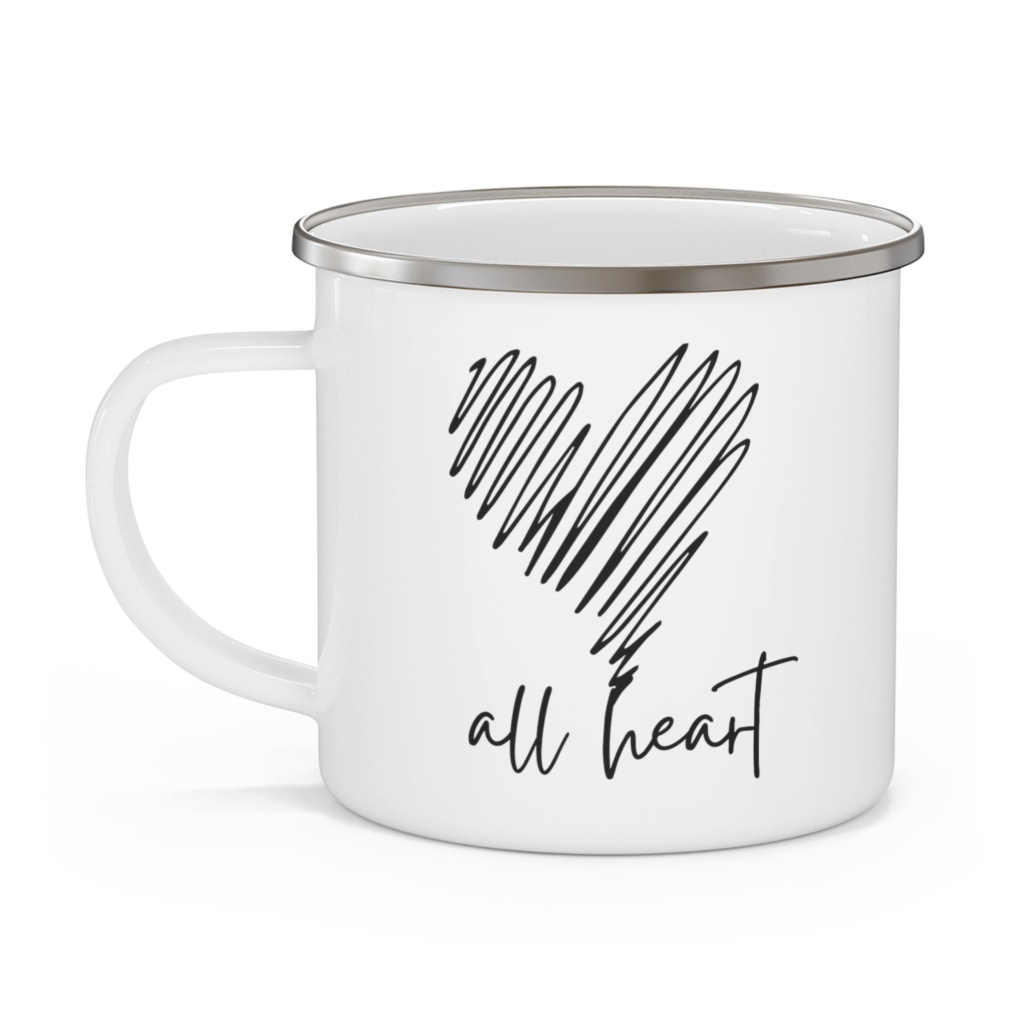 Durable enamel camping mug with black line art print, perfect for coffee and outdoor activities.