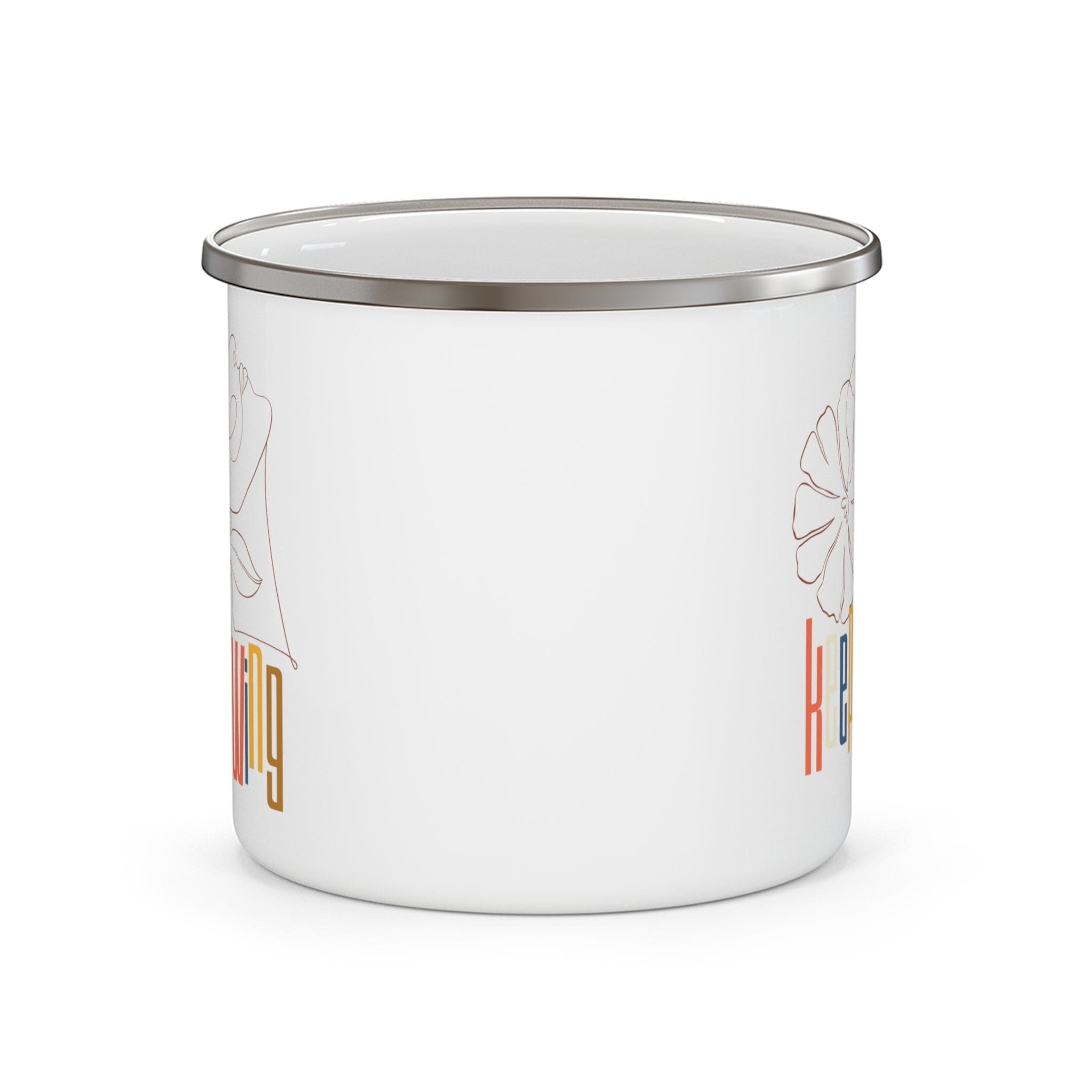 A pastel-colored enamel camping mug with a C-handle, perfect for coffee and outdoor activities.