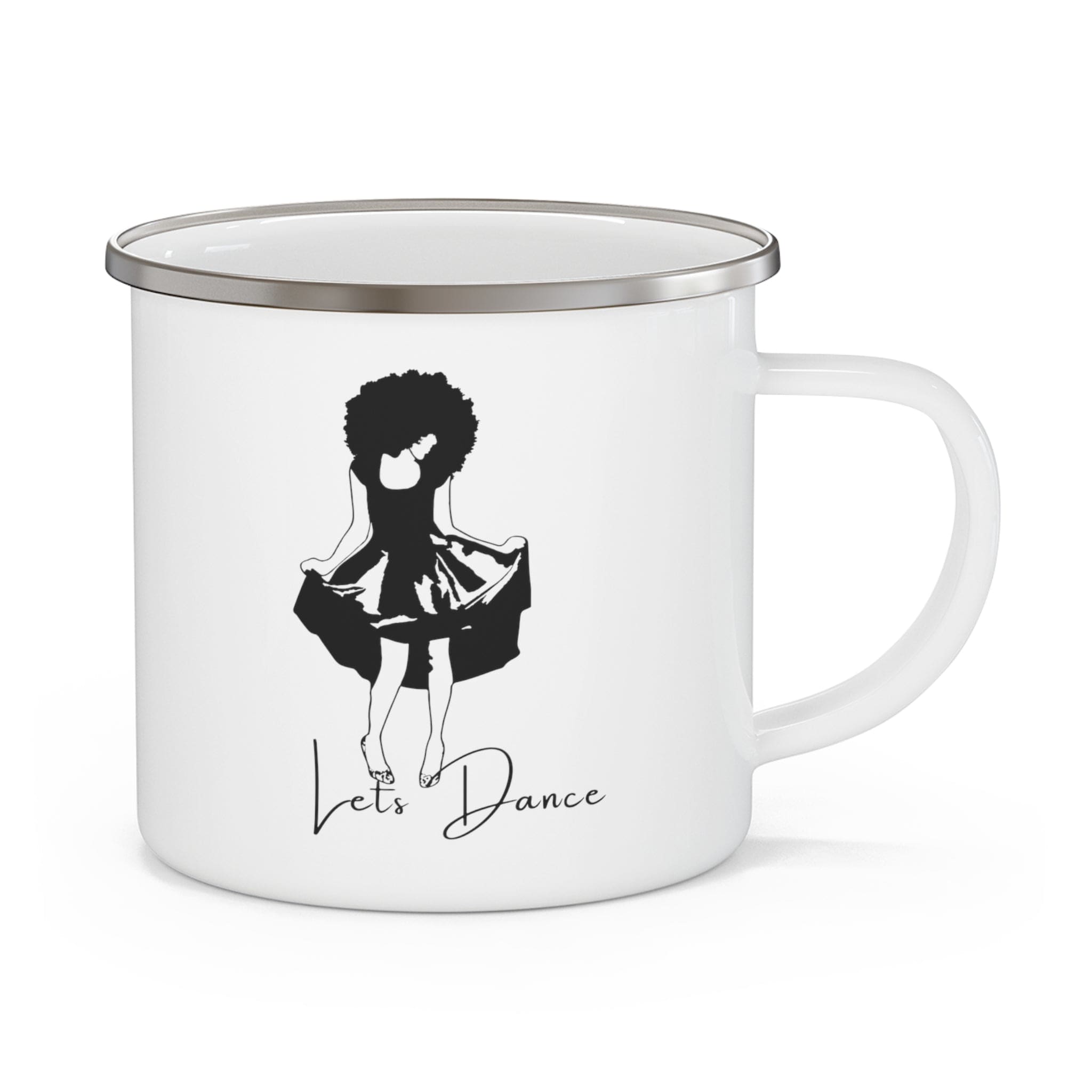Durable enamel camping mug with black line art print saying 'Lets Dance', perfect for outdoor and indoor use.